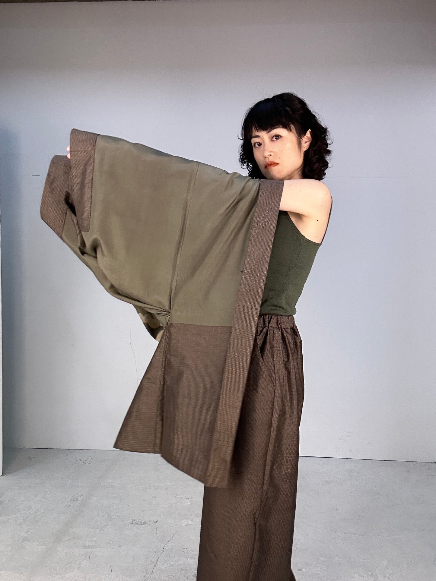 Oshima Tsumugi HAORI  and KIMONO elastic waist pants(large size) upcycled from Japanese kimono(Unisex)"dragon tiger"