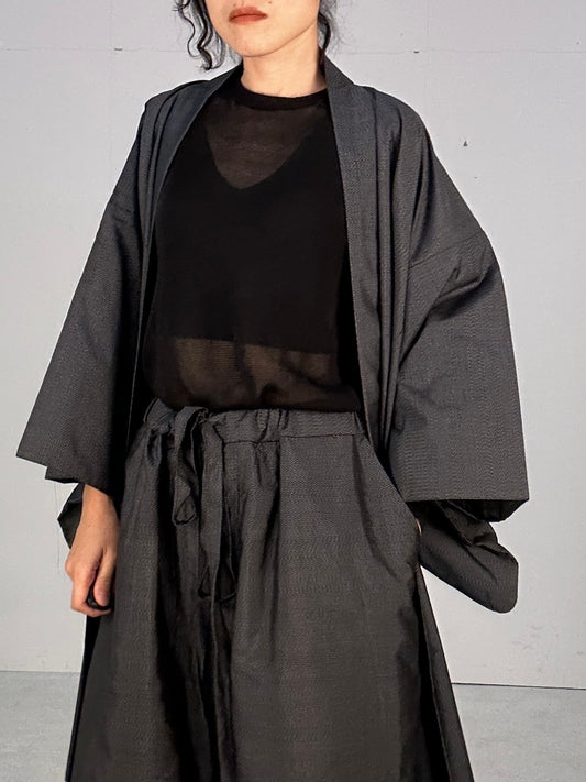 Oshima Tsumugi HAORI  and KIMONO elastic waist pants(large size) upcycled from Japanese kimono(Unisex)"snake"