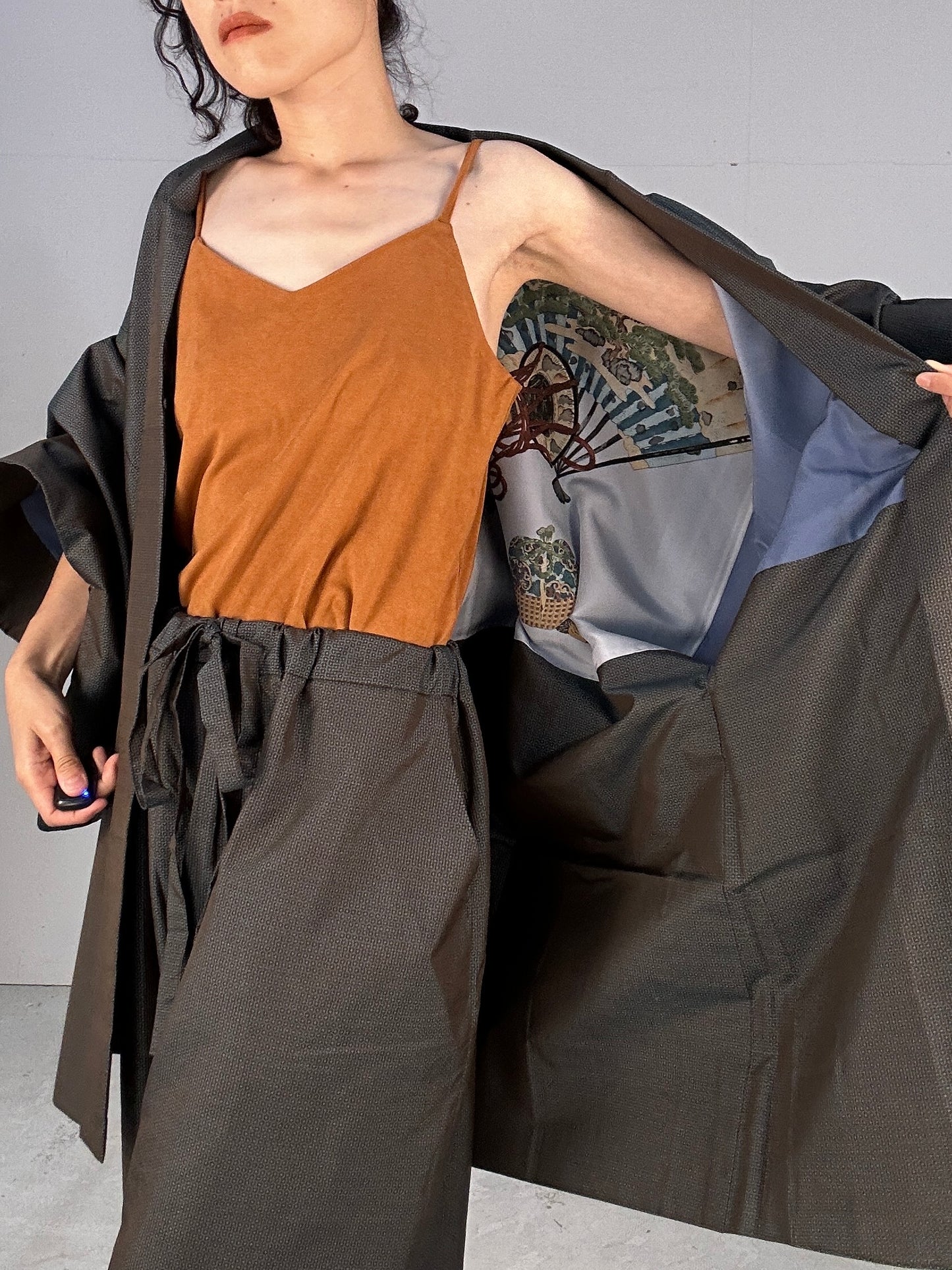 Oshima Tsumugi HAORI  and KIMONO elastic waist pants(large size) upcycled from Japanese kimono(Unisex)"tsudumi"