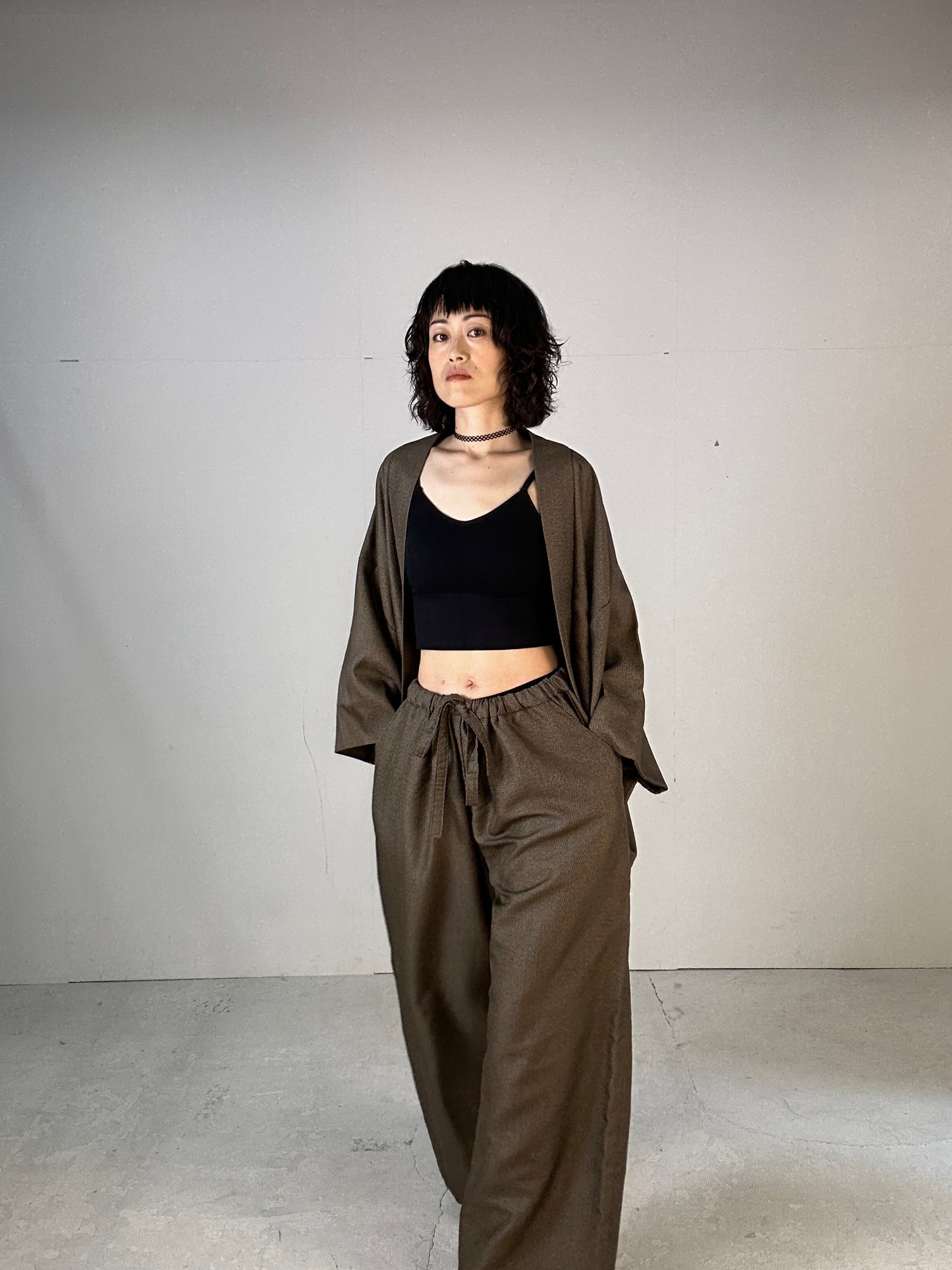 Oshima Tsumugi HAORI  and KIMONO elastic waist pants(large size) upcycled from Japanese kimono(Unisex)