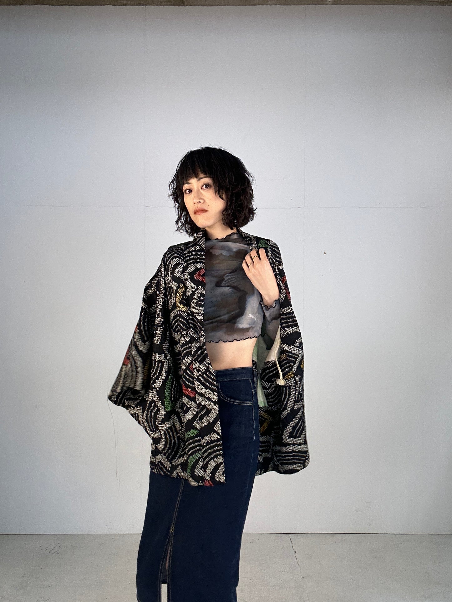 VINTAGE SHIBORI HAORI "black ougi"