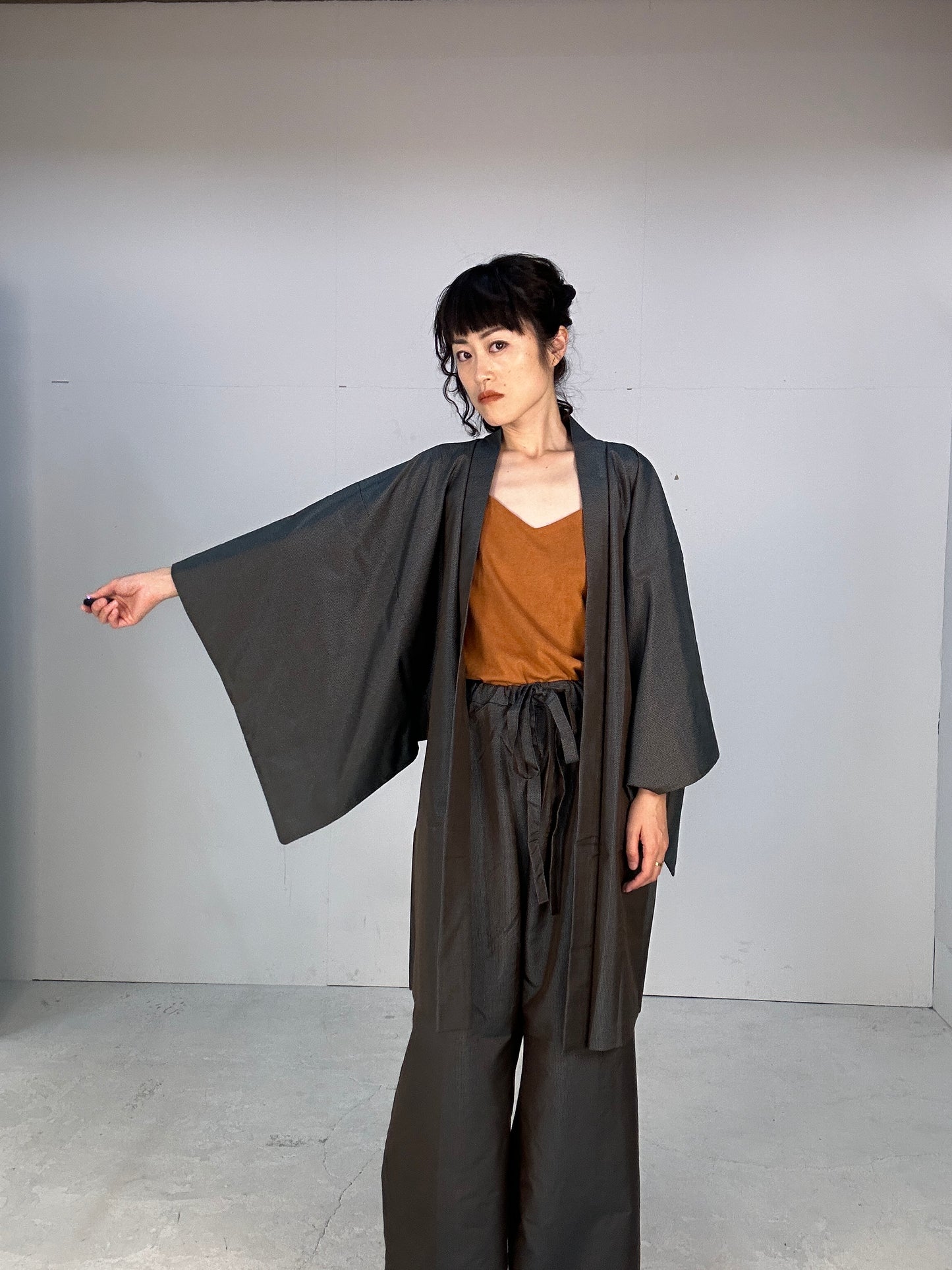 Oshima Tsumugi HAORI  and KIMONO elastic waist pants(large size) upcycled from Japanese kimono(Unisex)"tsudumi"