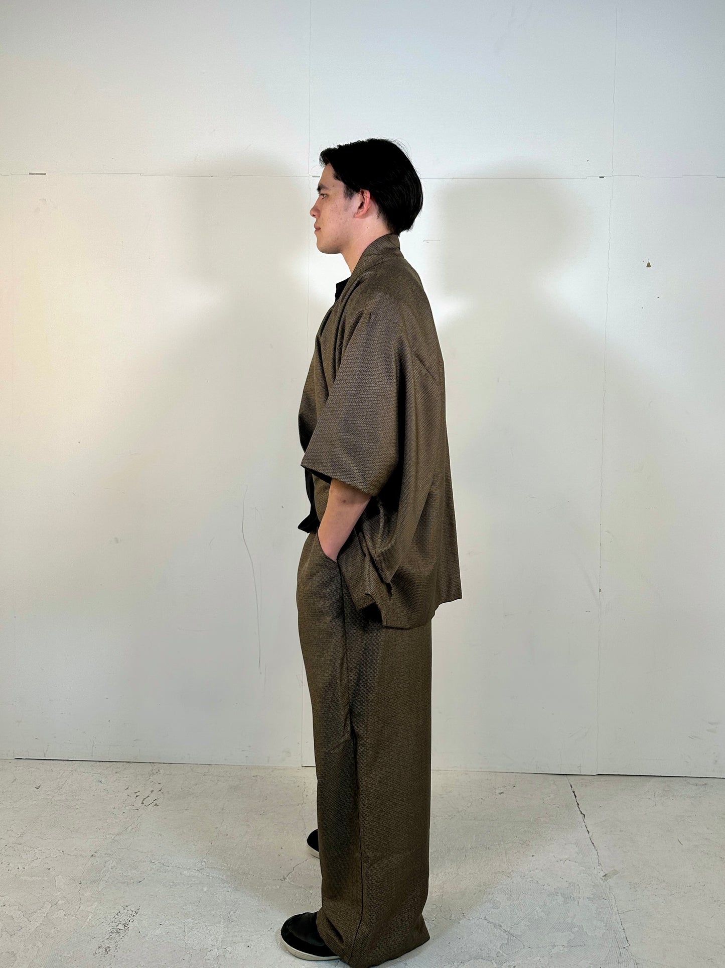 Oshima Tsumugi HAORI  and KIMONO elastic waist pants(large size) upcycled from Japanese kimono(Unisex)