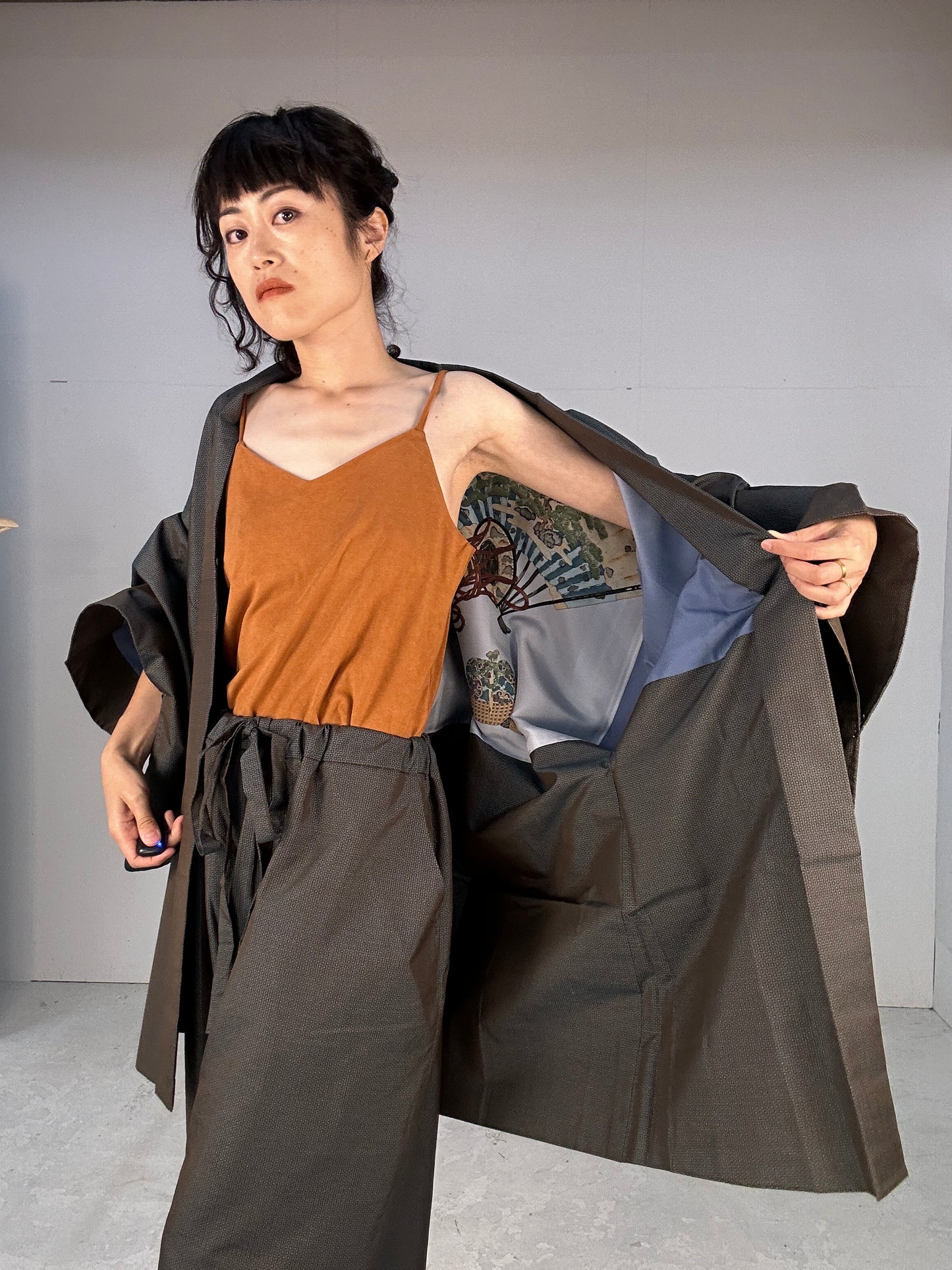 Oshima Tsumugi HAORI  and KIMONO elastic waist pants(large size) upcycled from Japanese kimono(Unisex)"tsudumi"