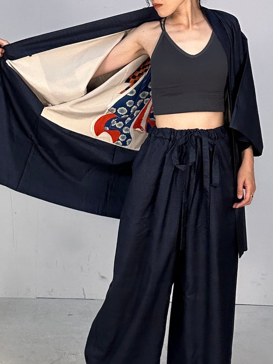 Oshima Tsumugi HAORI  and KIMONO elastic waist pants(large size) upcycled from Japanese kimono(Unisex)"bijonga"