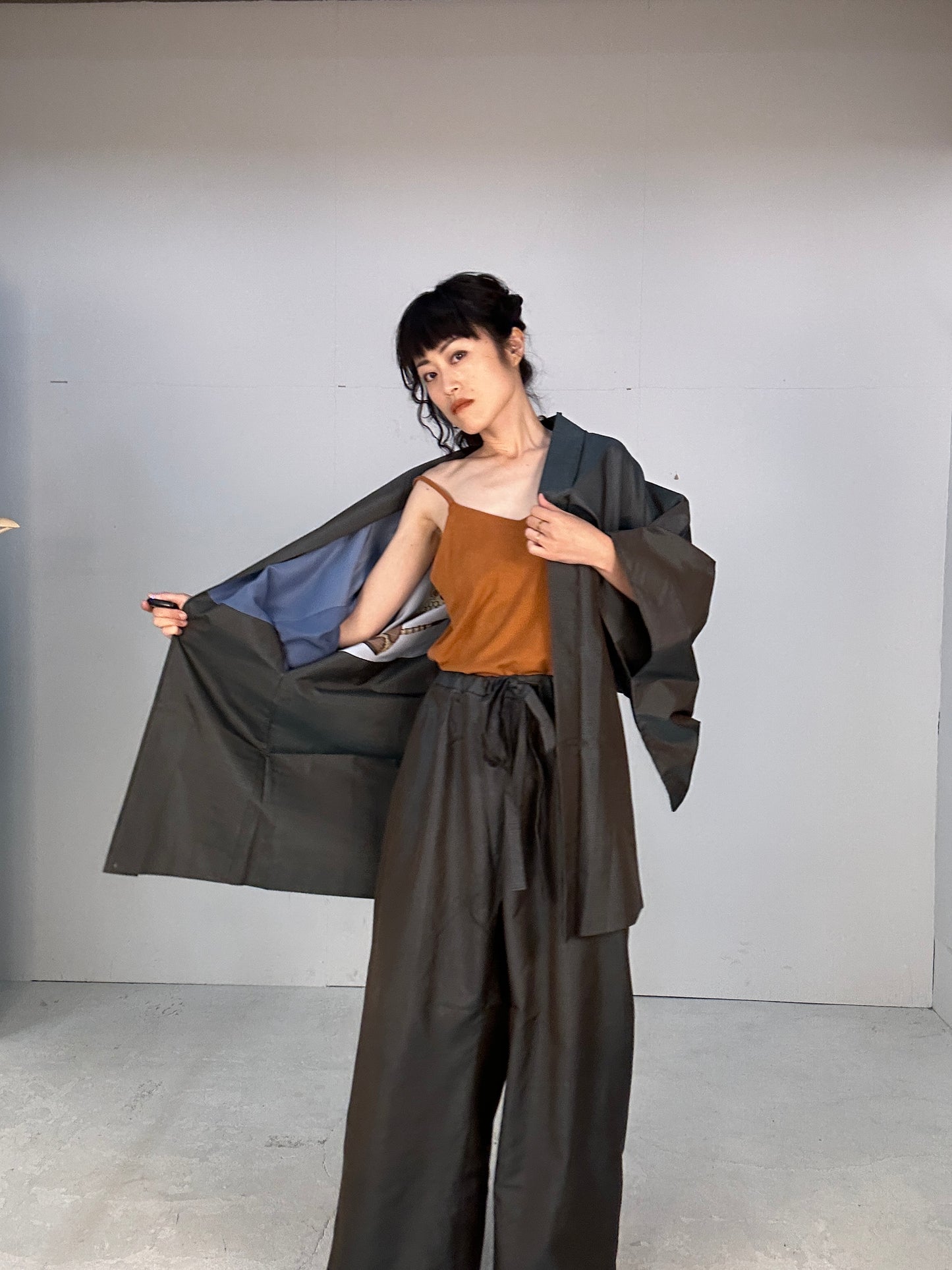 Oshima Tsumugi HAORI  and KIMONO elastic waist pants(large size) upcycled from Japanese kimono(Unisex)"tsudumi"