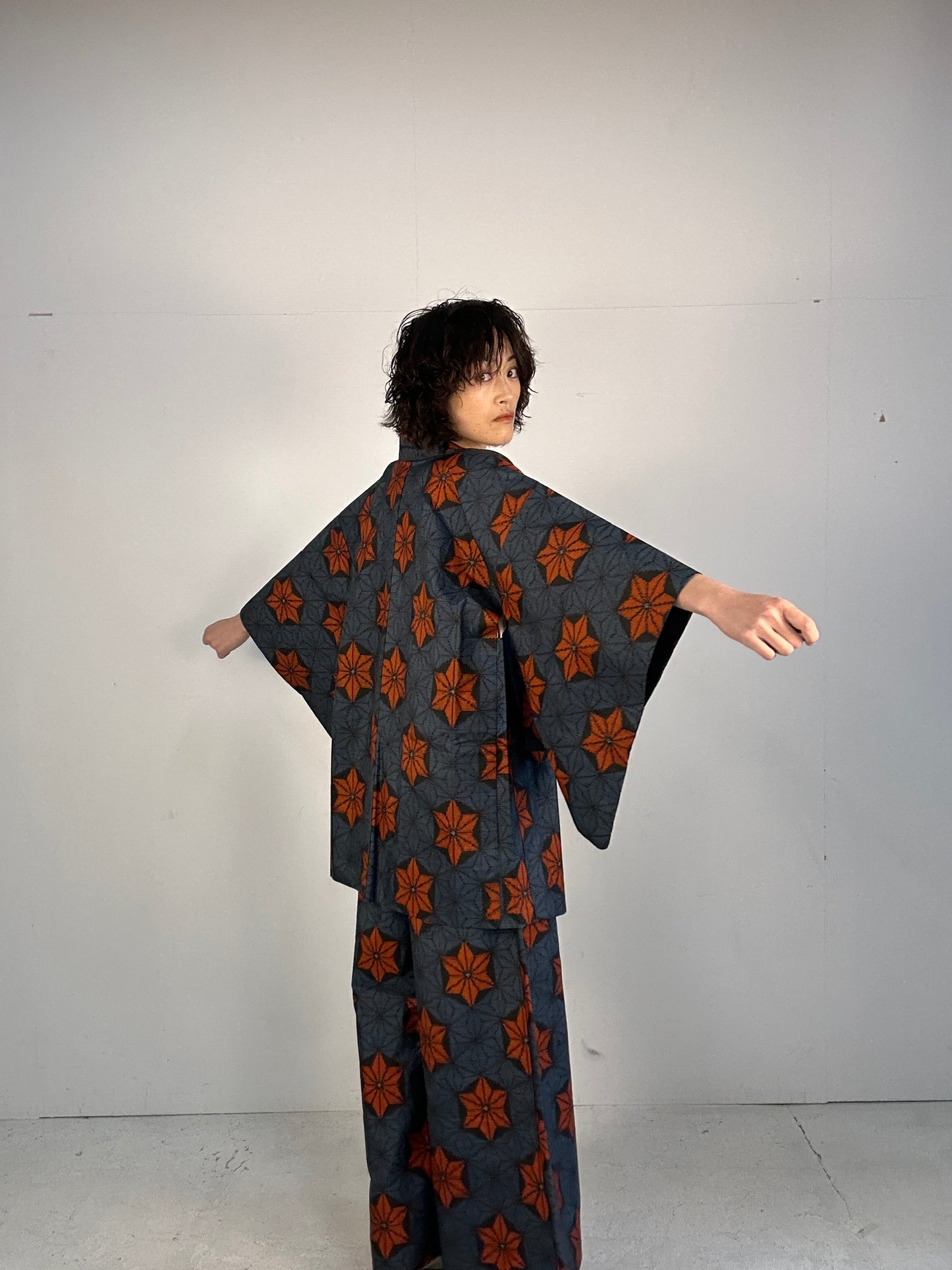 A_ Tsumugi HAORI  and KIMONO elastic waist pants upcycled from Japanese kimono(Dressy and wide)