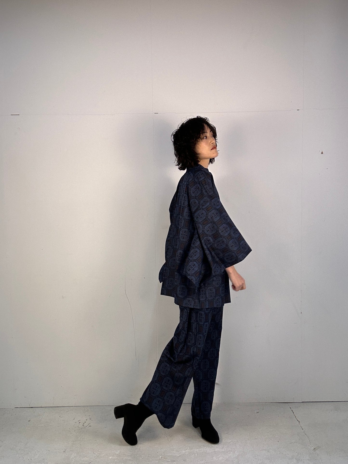 05 Tsumugi HAORI  and KIMONO elastic waist pants upcycled from Japanese kimono(Unisex)