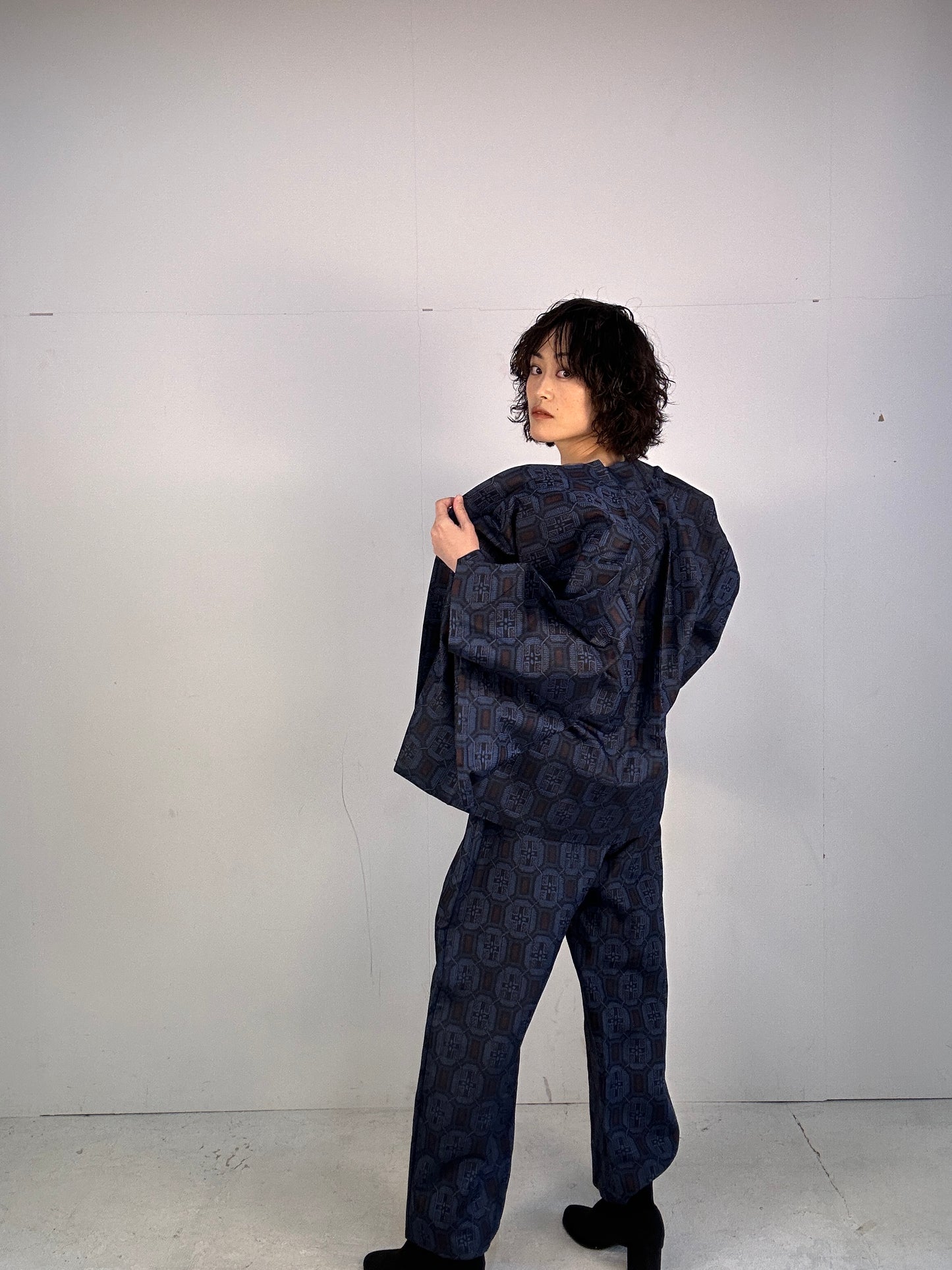 05 Tsumugi HAORI  and KIMONO elastic waist pants upcycled from Japanese kimono(Unisex)