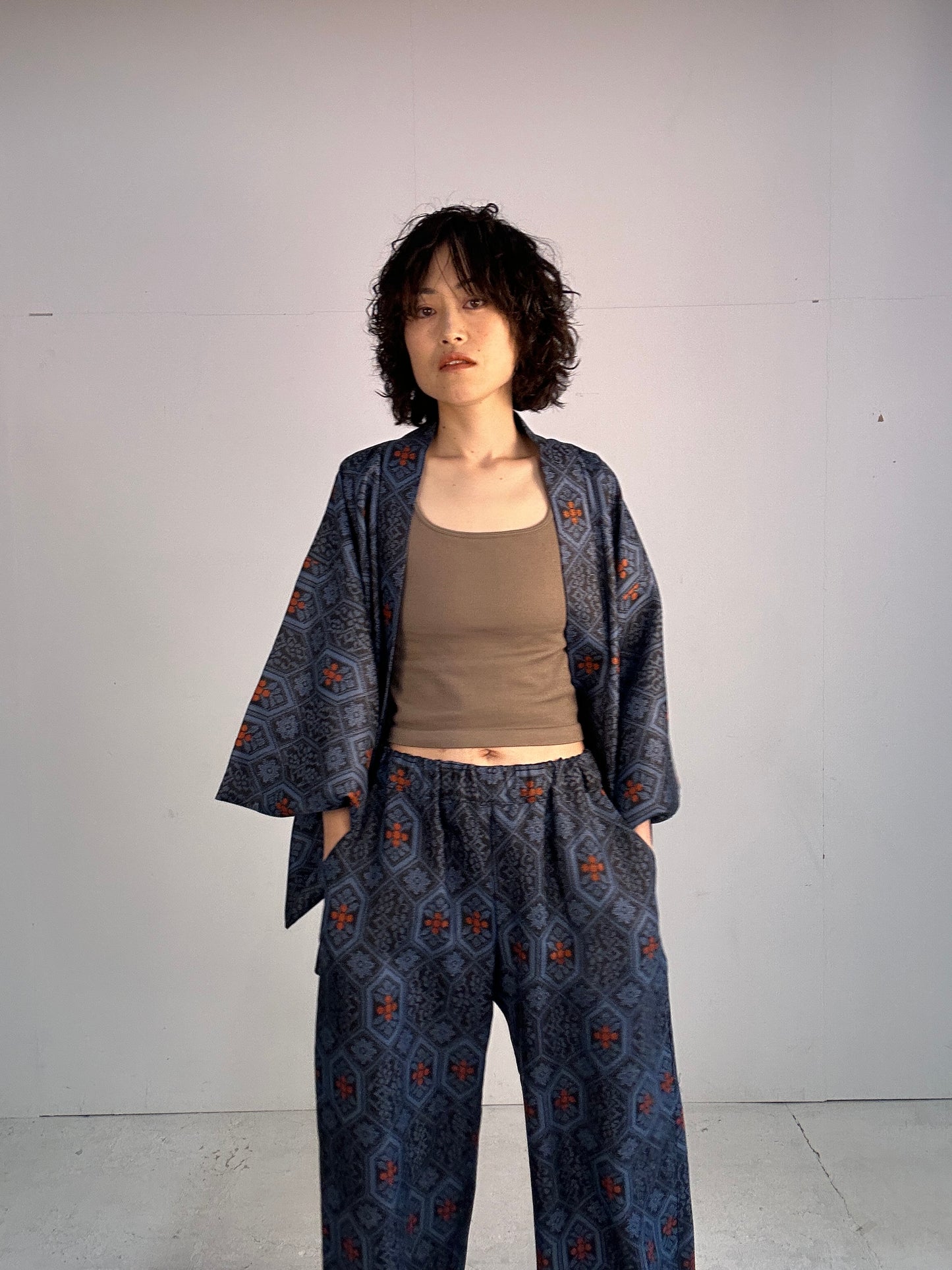 04 Tsumugi HAORI  and KIMONO elastic waist pants upcycled from Japanese kimono(Unisex)