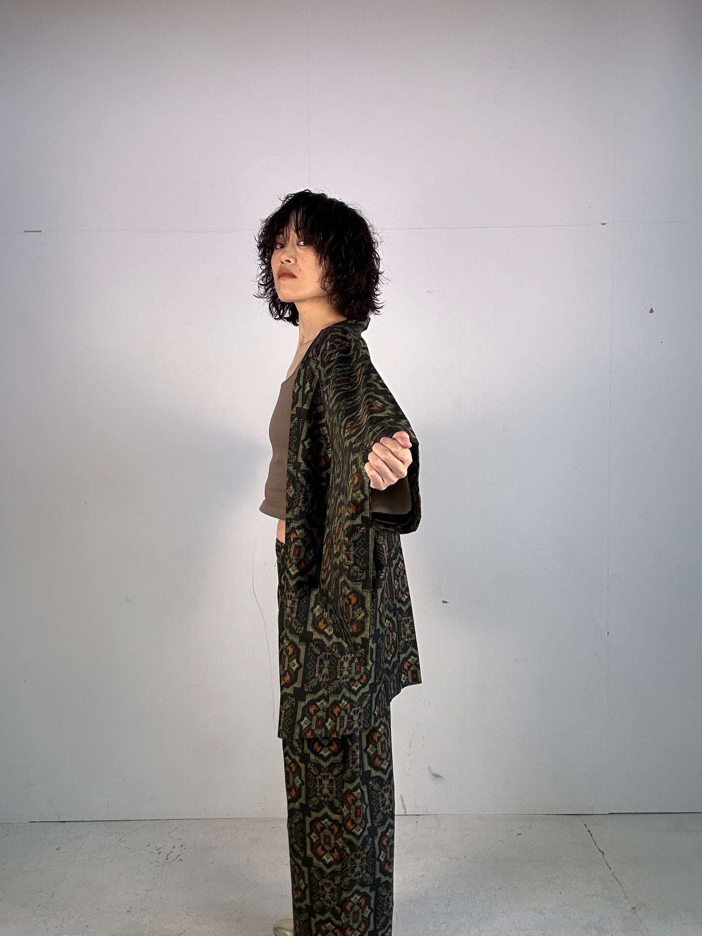 01 Tsumugi HAORI and KIMONO elastic waist pants upcycled from Japanese kimono(Unisex)