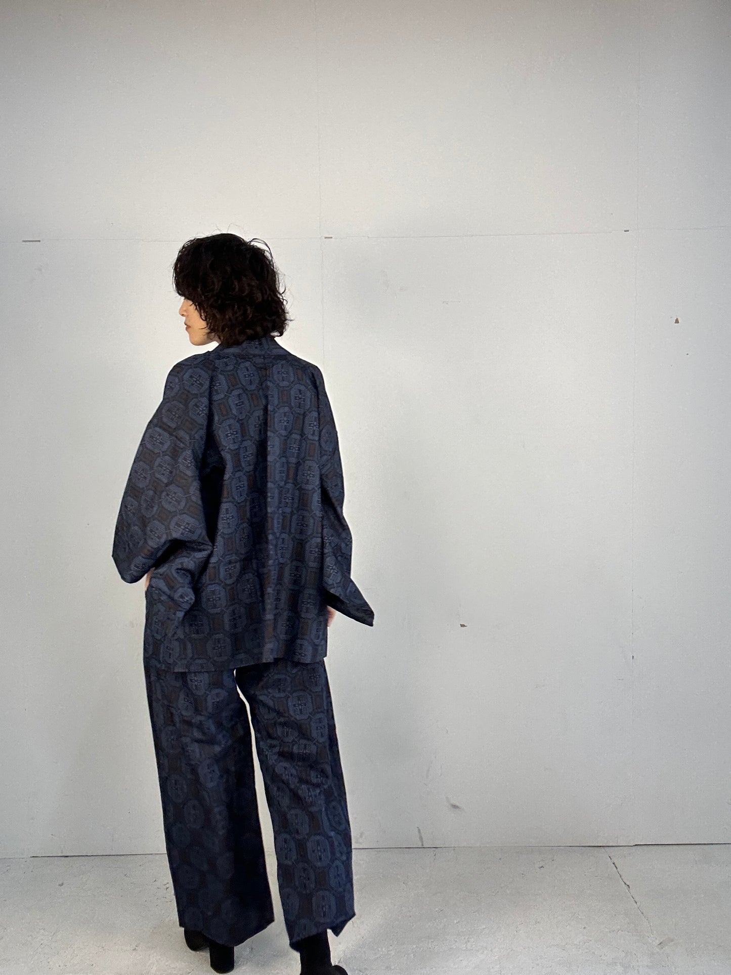 05 Tsumugi HAORI  and KIMONO elastic waist pants upcycled from Japanese kimono(Unisex)