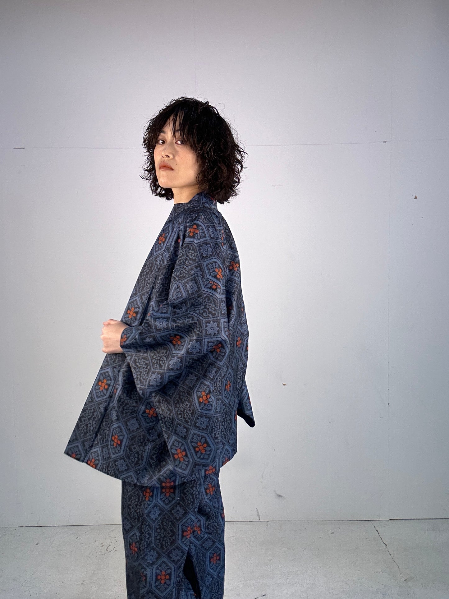 04 Tsumugi HAORI  and KIMONO elastic waist pants upcycled from Japanese kimono(Unisex)