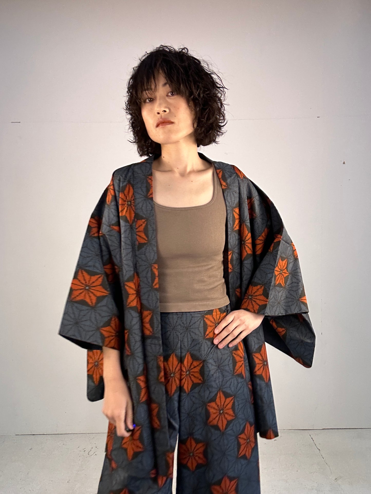 A_ Tsumugi HAORI  and KIMONO elastic waist pants upcycled from Japanese kimono(Dressy and wide)