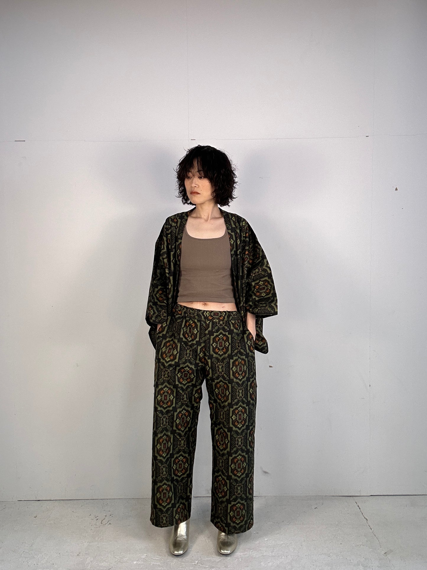 01 Tsumugi HAORI and KIMONO elastic waist pants upcycled from Japanese kimono(Unisex)