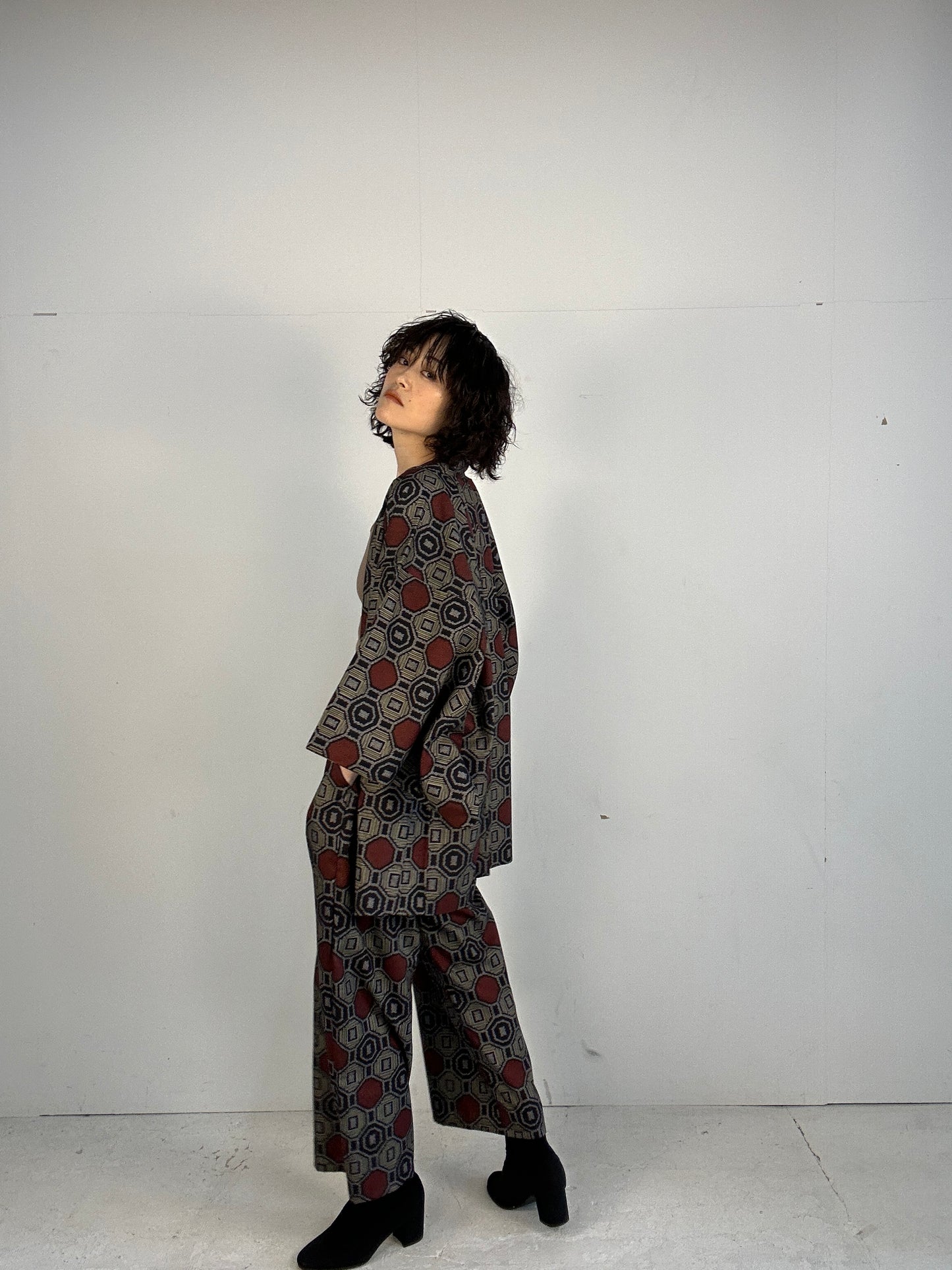 02 Tsumugi HAORI  and KIMONO elastic waist pants upcycled from Japanese kimono(Unisex)