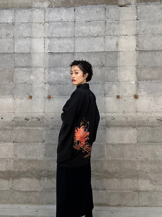 BLACK HAORI "009 Kiku(chrysanthemum) flowers"