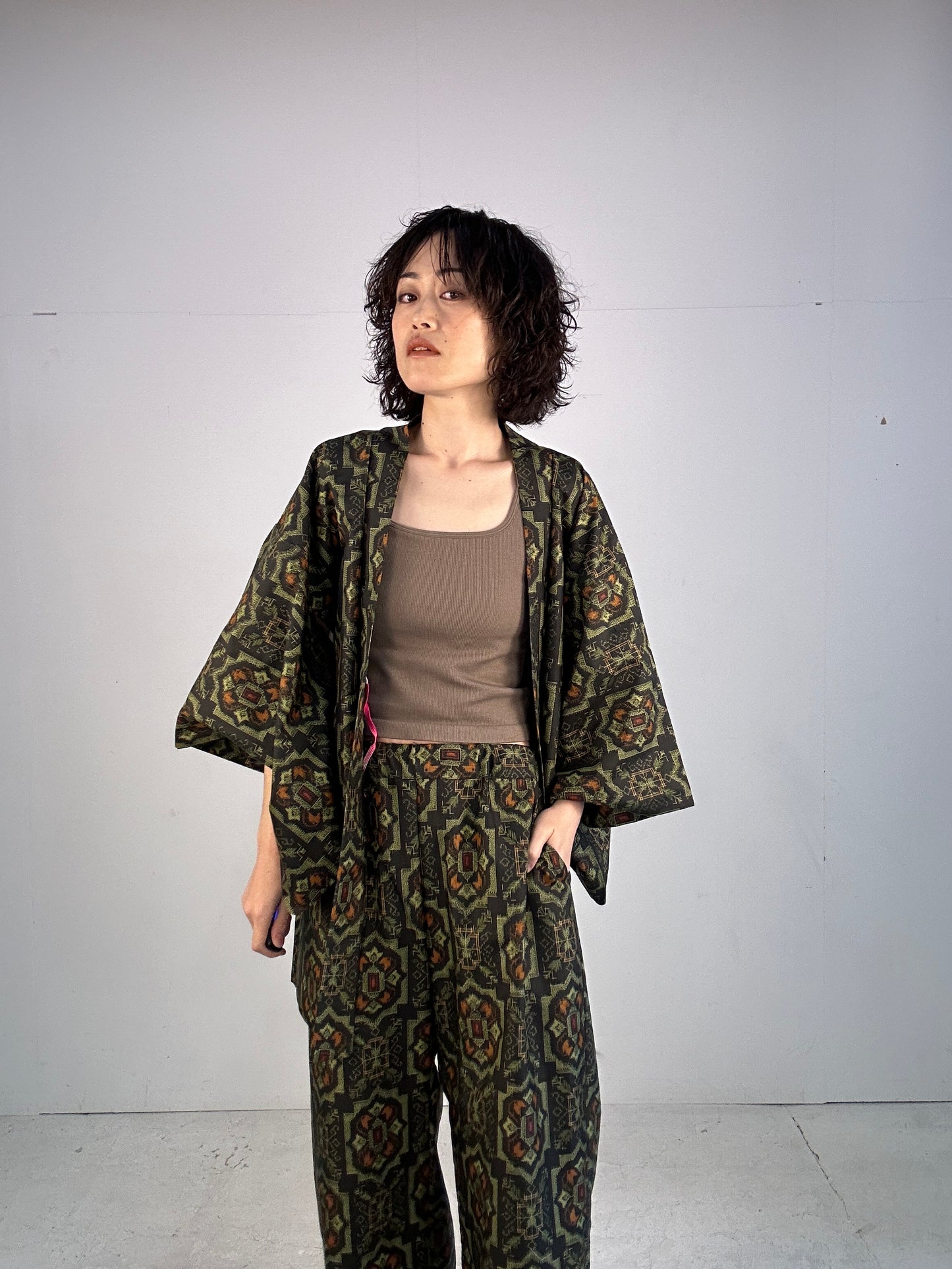 01 Tsumugi HAORI and KIMONO elastic waist pants upcycled from Japanese kimono(Unisex)