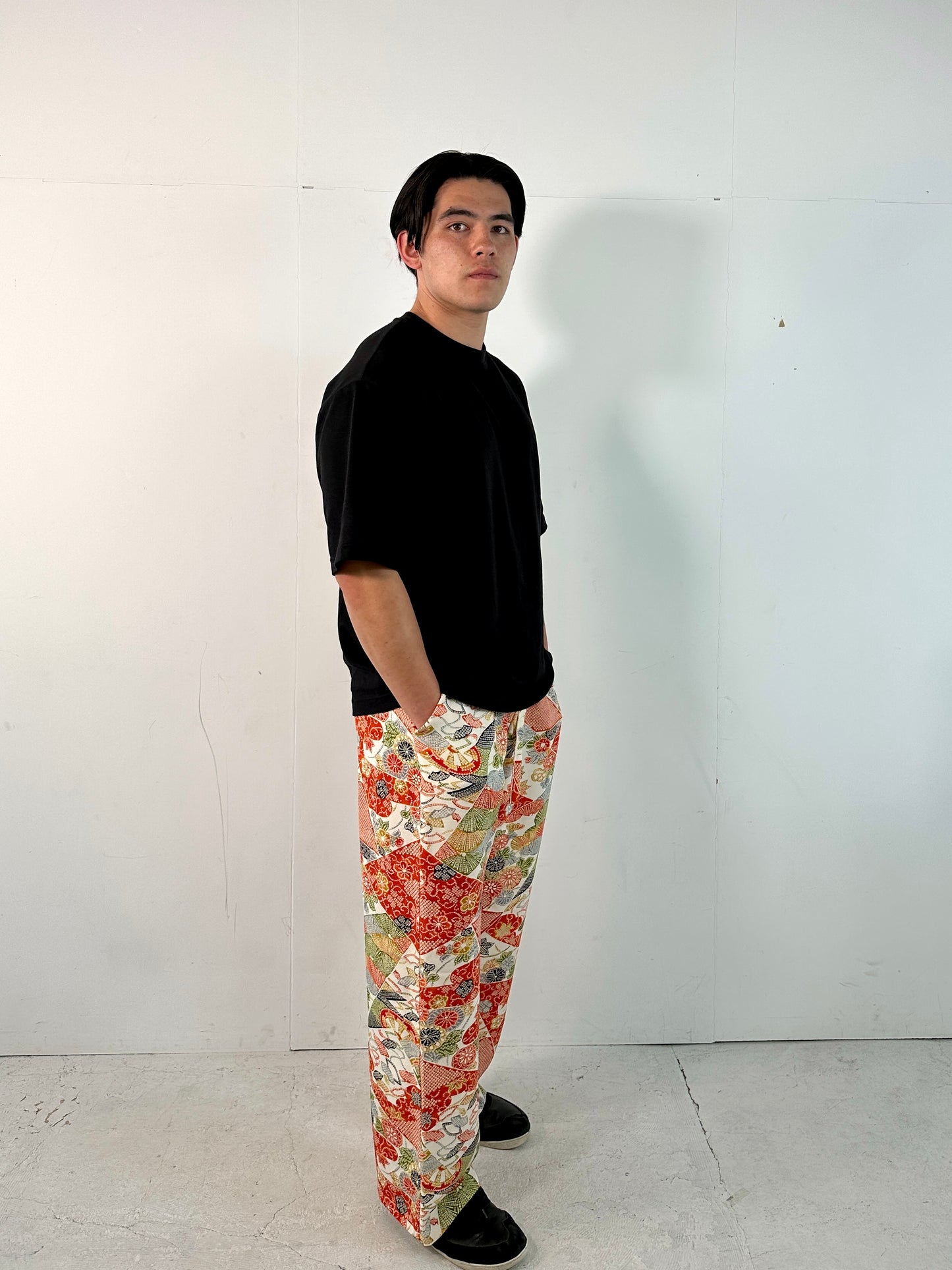 002_KIMONO UNISEX elastic waist pants upcycled from Japanese kimono