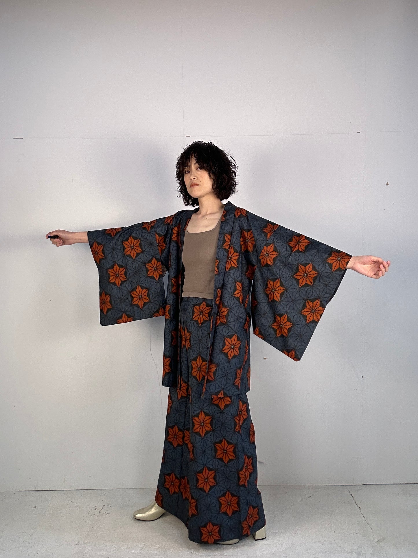 A_ Tsumugi HAORI  and KIMONO elastic waist pants upcycled from Japanese kimono(Dressy and wide)