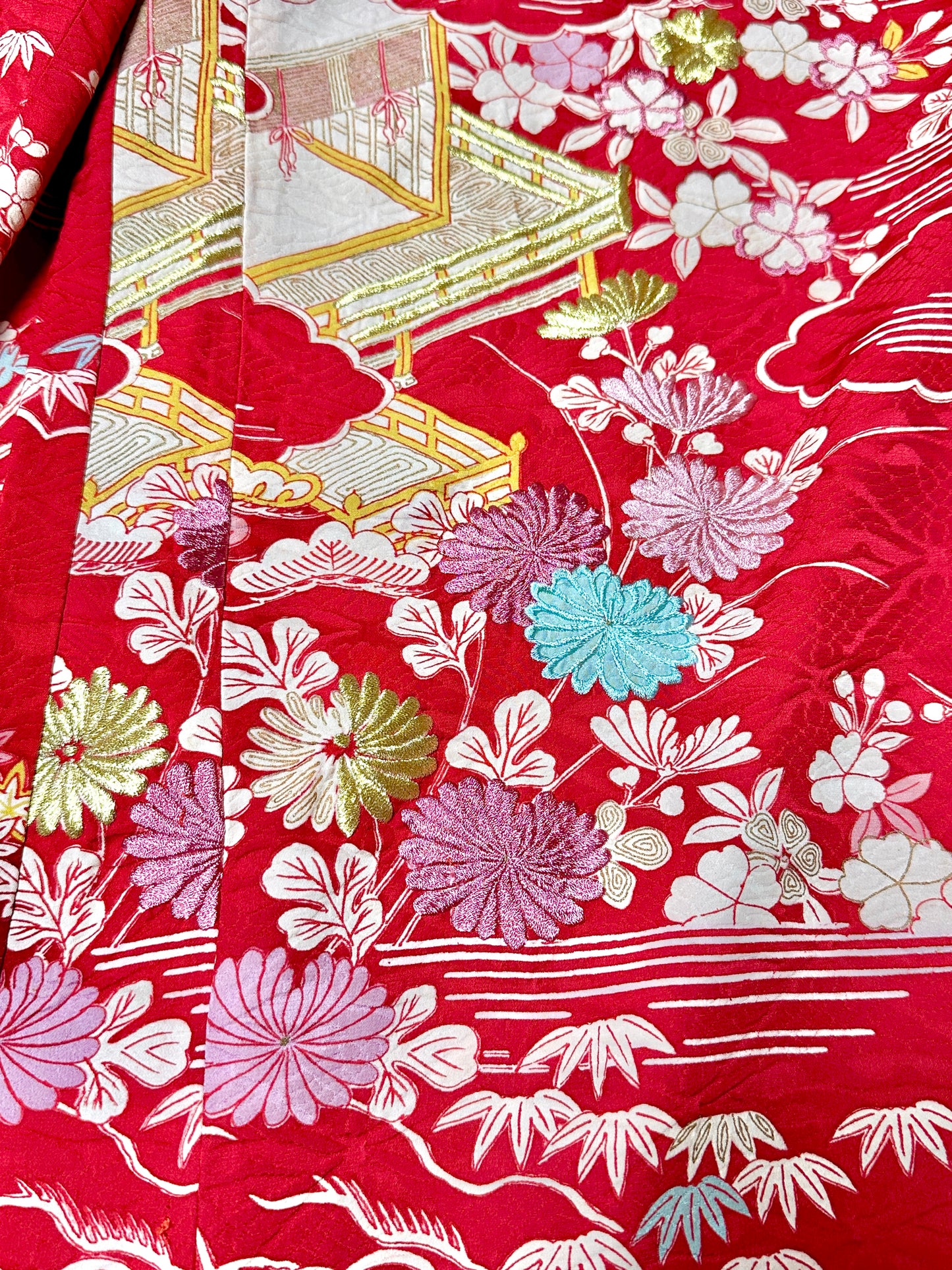small size_KIMONO DRESSY elastic waist pants upcycled from Japanese kimono (antique red) & Tsuke-eri