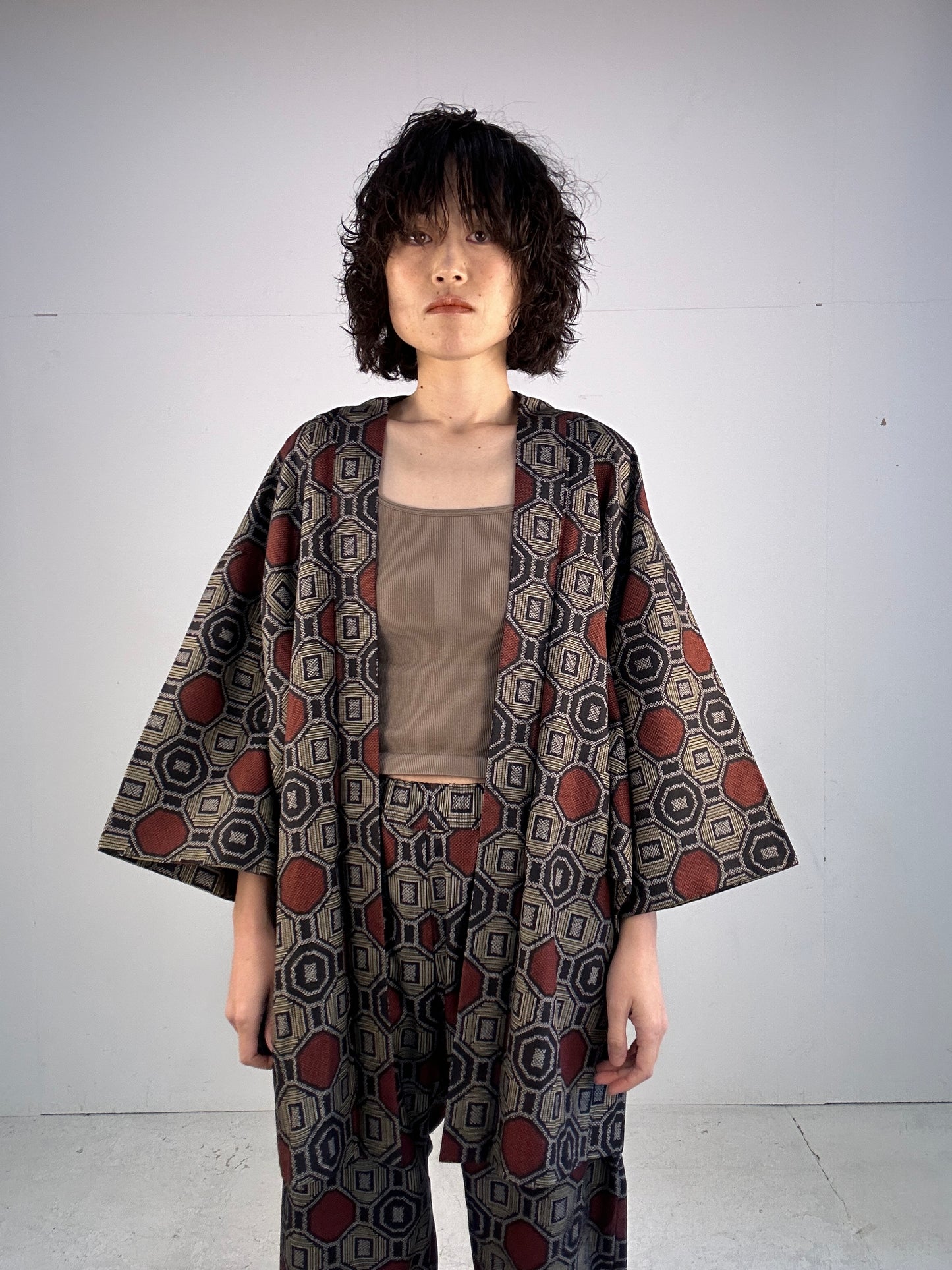 02 Tsumugi HAORI  and KIMONO elastic waist pants upcycled from Japanese kimono(Unisex)