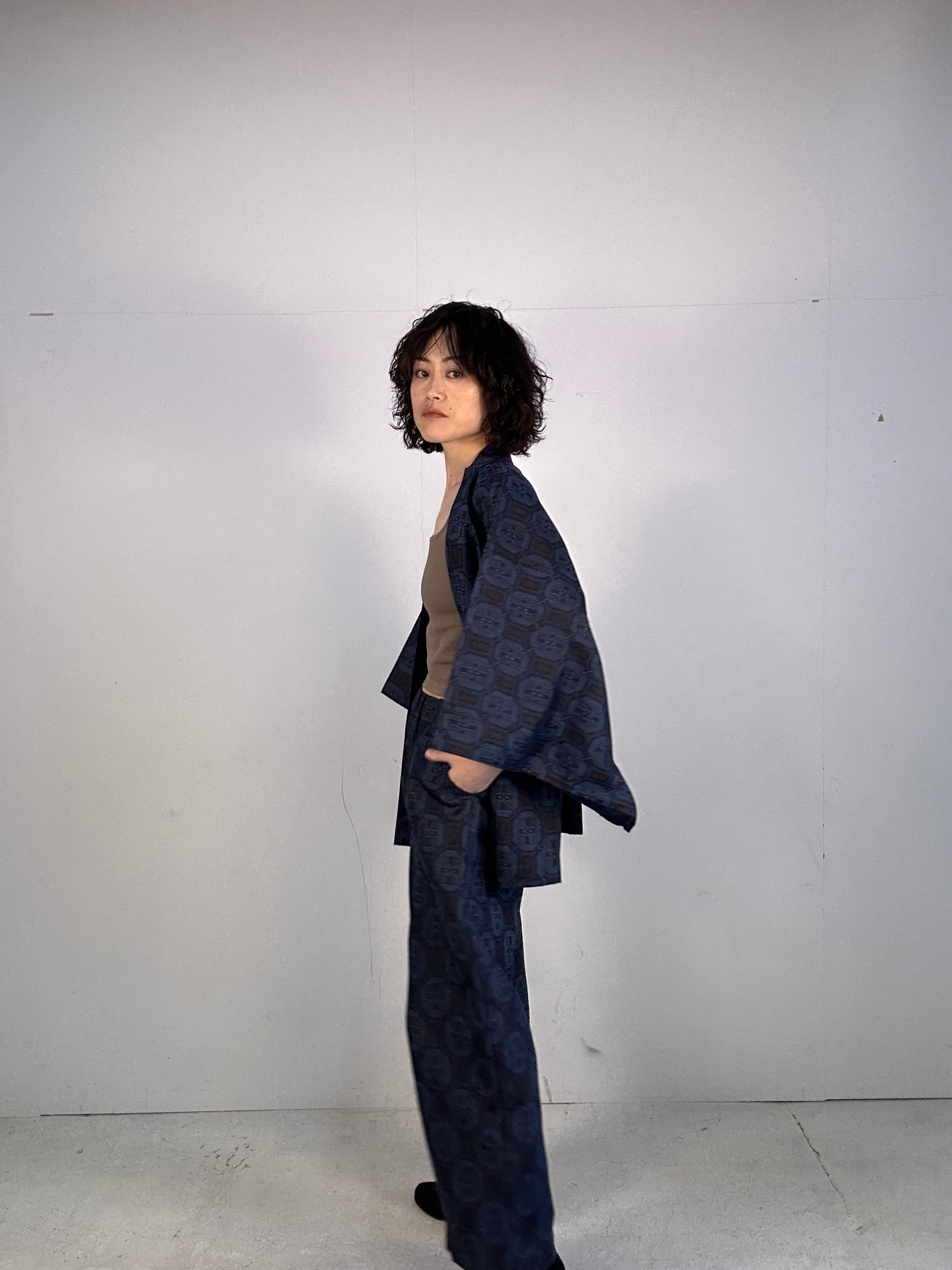 05 Tsumugi HAORI  and KIMONO elastic waist pants upcycled from Japanese kimono(Unisex)