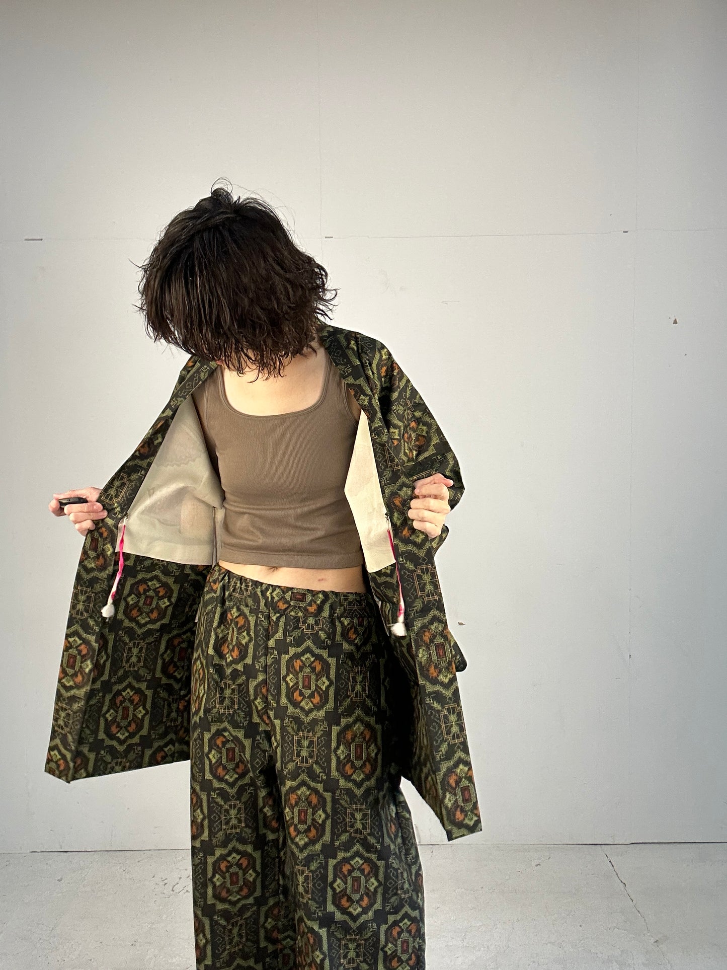 01 Tsumugi HAORI and KIMONO elastic waist pants upcycled from Japanese kimono(Unisex)