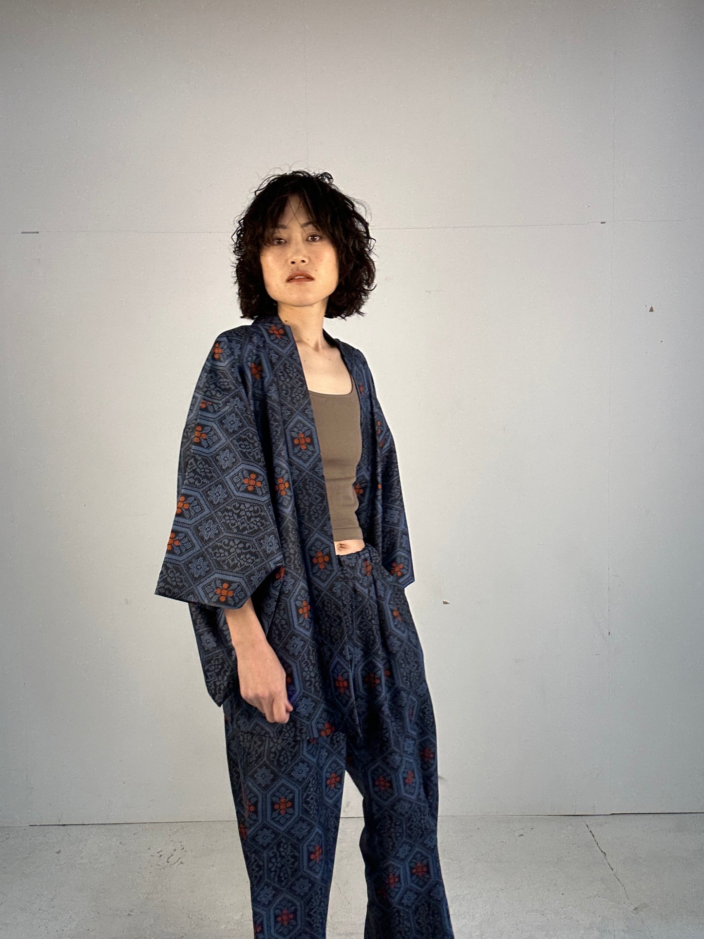 04 Tsumugi HAORI  and KIMONO elastic waist pants upcycled from Japanese kimono(Unisex)