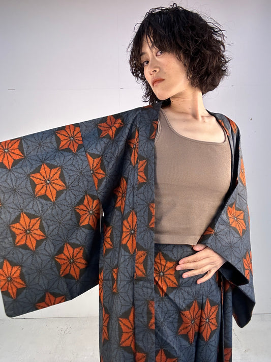 A_ Tsumugi HAORI  and KIMONO elastic waist pants upcycled from Japanese kimono(Dressy and wide)