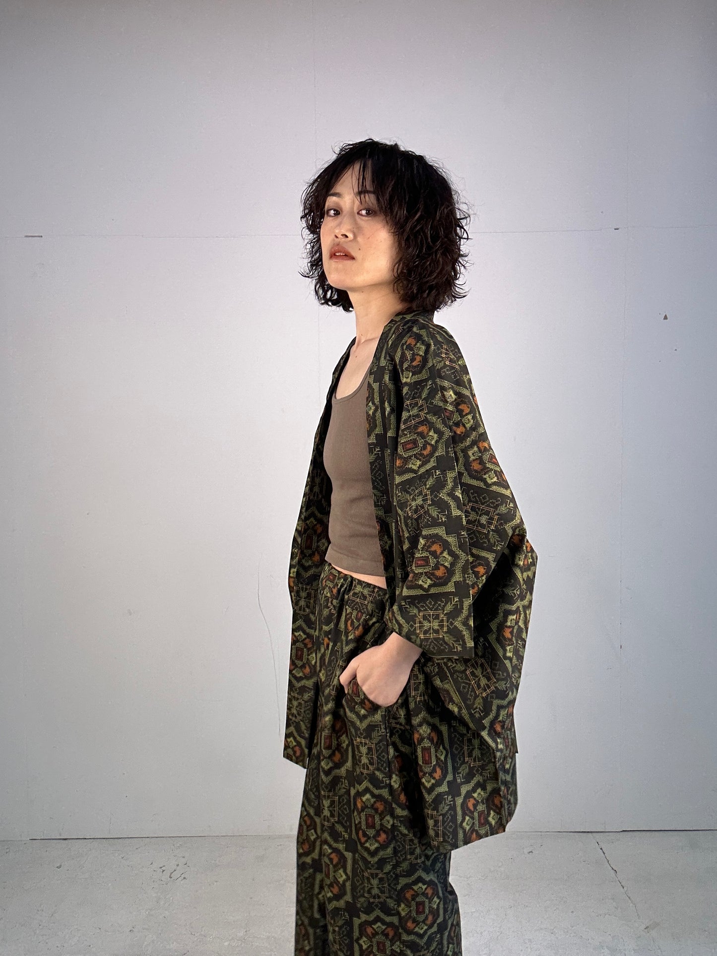 01 Tsumugi HAORI and KIMONO elastic waist pants upcycled from Japanese kimono(Unisex)