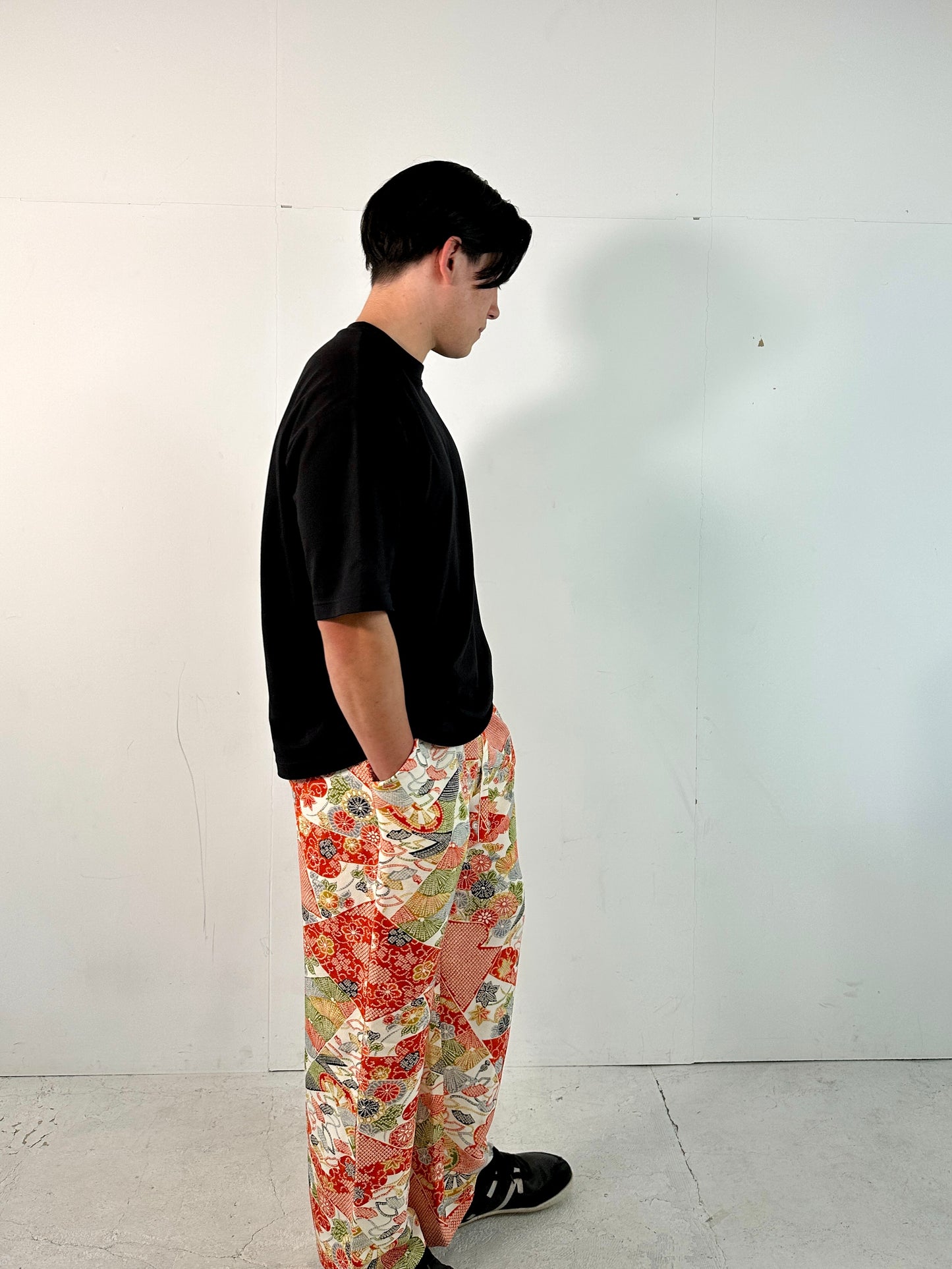 002_KIMONO UNISEX elastic waist pants upcycled from Japanese kimono