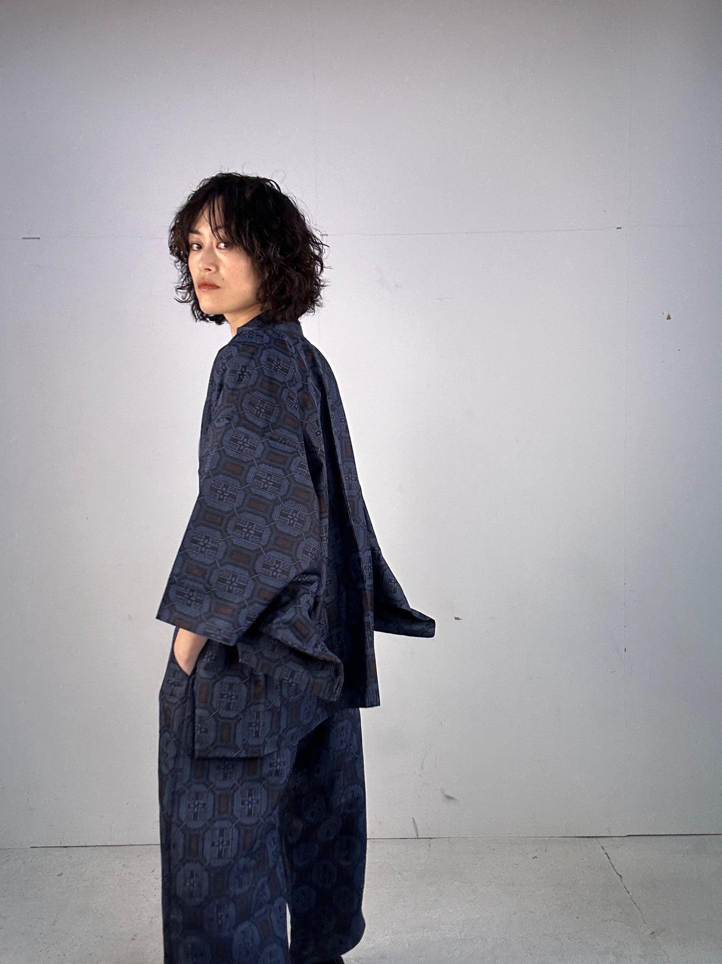 05 Tsumugi HAORI  and KIMONO elastic waist pants upcycled from Japanese kimono(Unisex)