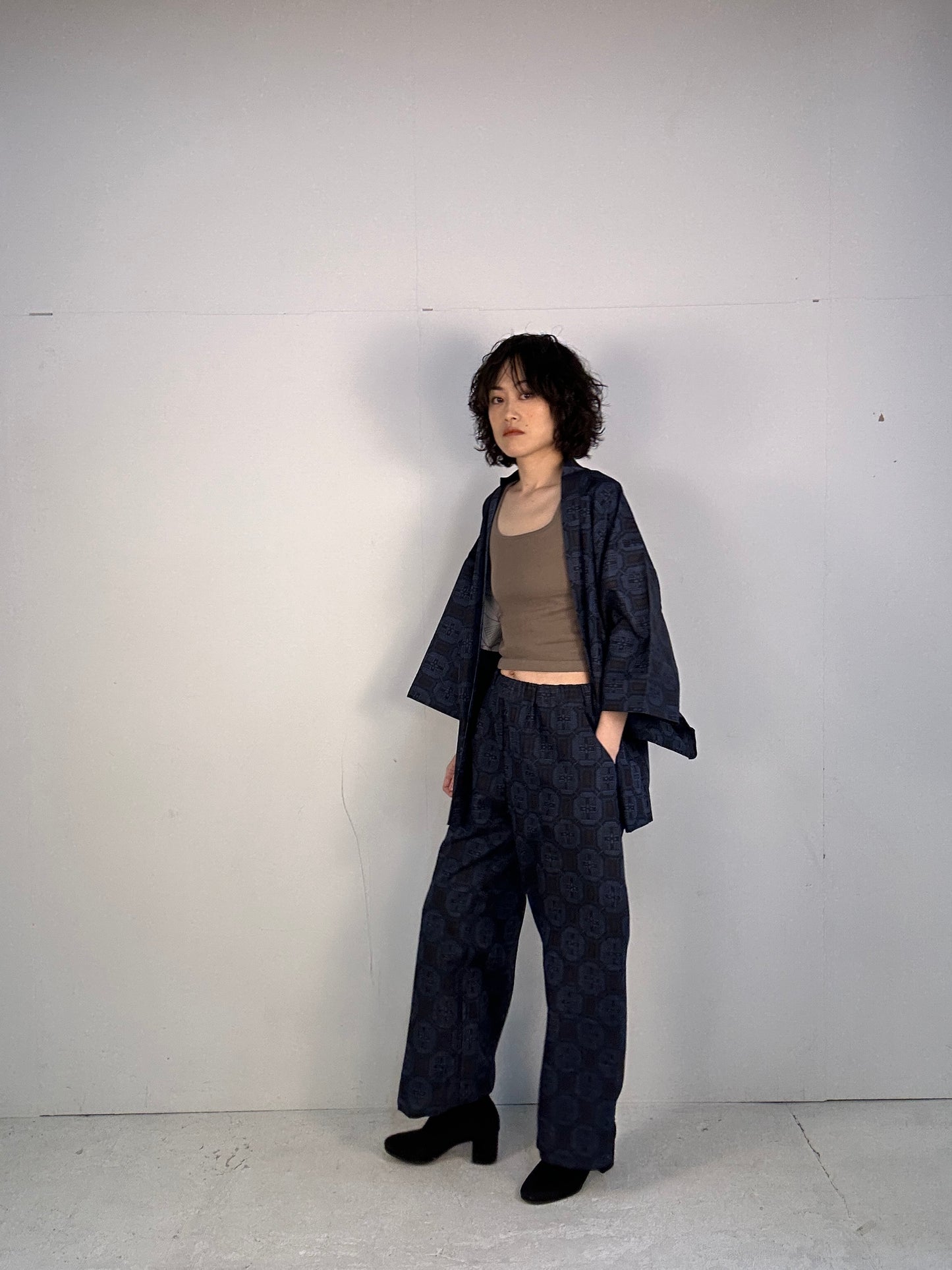 05 Tsumugi HAORI  and KIMONO elastic waist pants upcycled from Japanese kimono(Unisex)