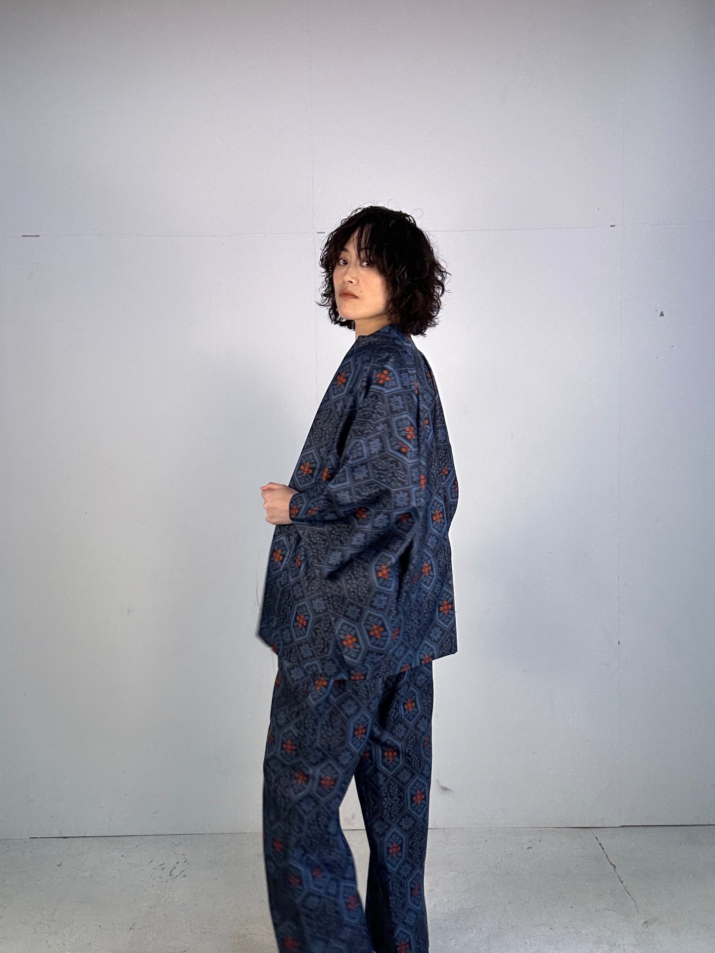 04 Tsumugi HAORI  and KIMONO elastic waist pants upcycled from Japanese kimono(Unisex)