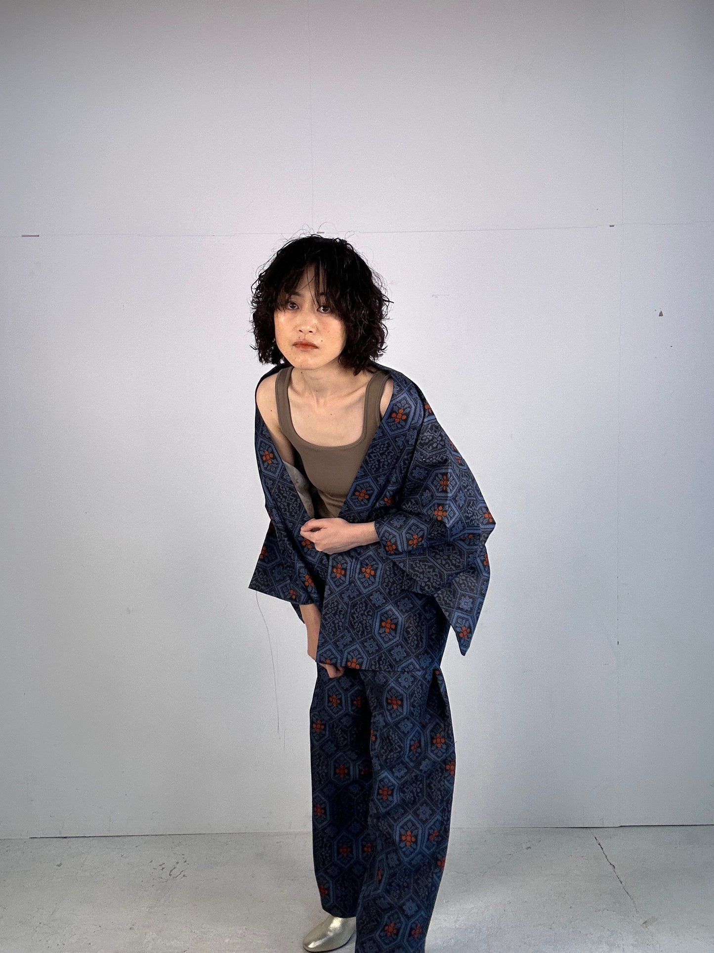 04 Tsumugi HAORI  and KIMONO elastic waist pants upcycled from Japanese kimono(Unisex)