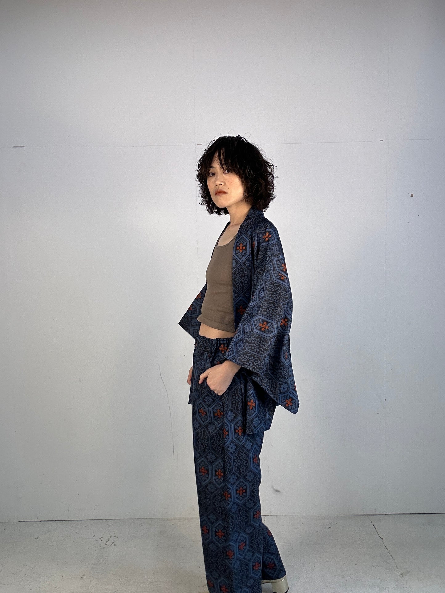 04 Tsumugi HAORI  and KIMONO elastic waist pants upcycled from Japanese kimono(Unisex)