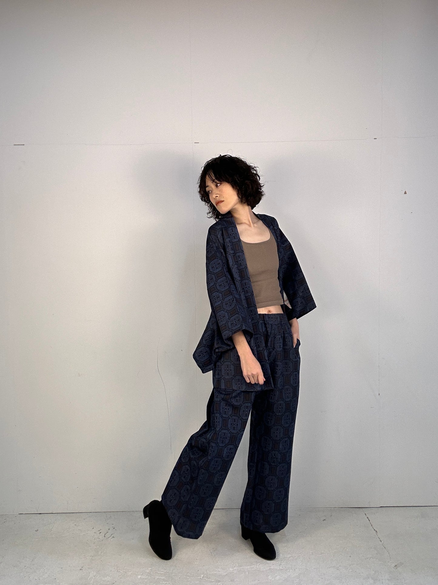 05 Tsumugi HAORI  and KIMONO elastic waist pants upcycled from Japanese kimono(Unisex)