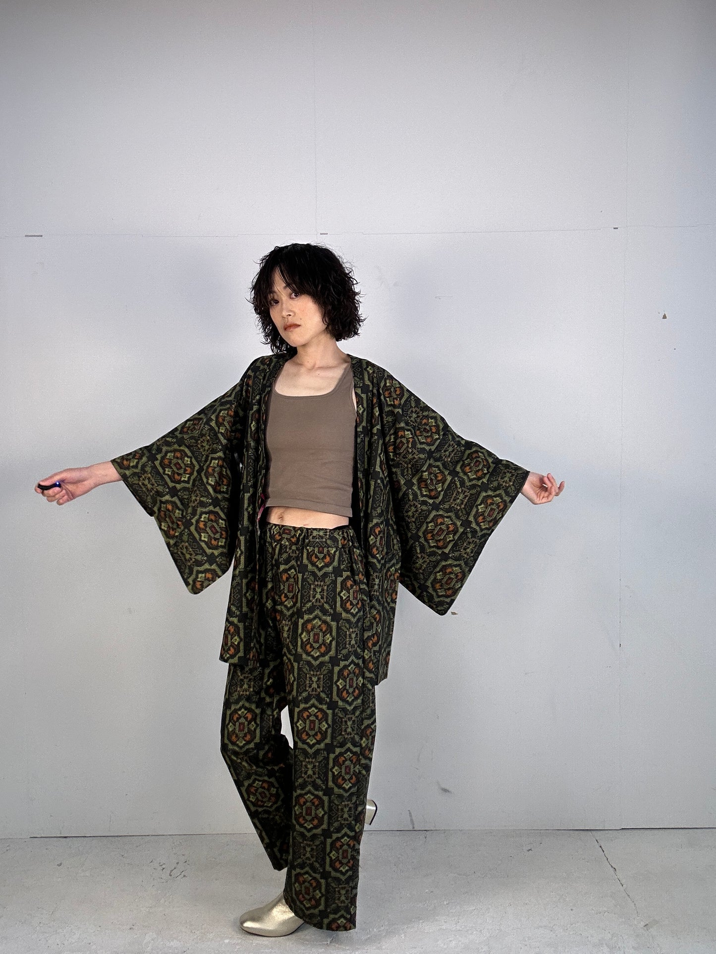 01 Tsumugi HAORI and KIMONO elastic waist pants upcycled from Japanese kimono(Unisex)