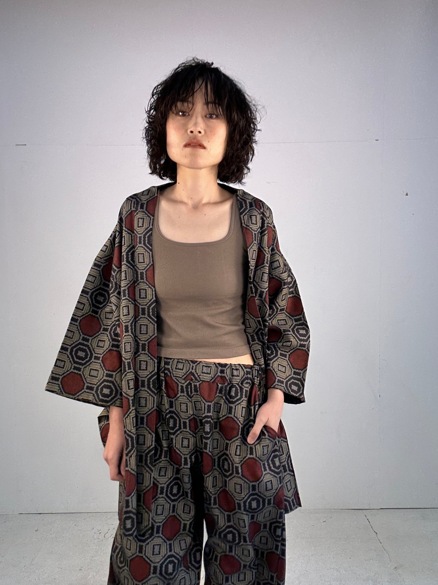 02 Tsumugi HAORI  and KIMONO elastic waist pants upcycled from Japanese kimono(Unisex)