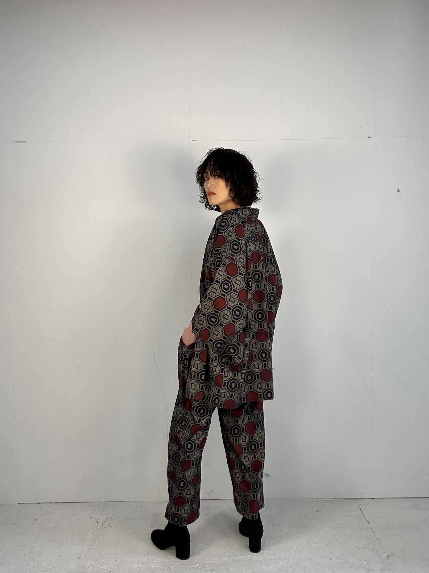 02 Tsumugi HAORI  and KIMONO elastic waist pants upcycled from Japanese kimono(Unisex)