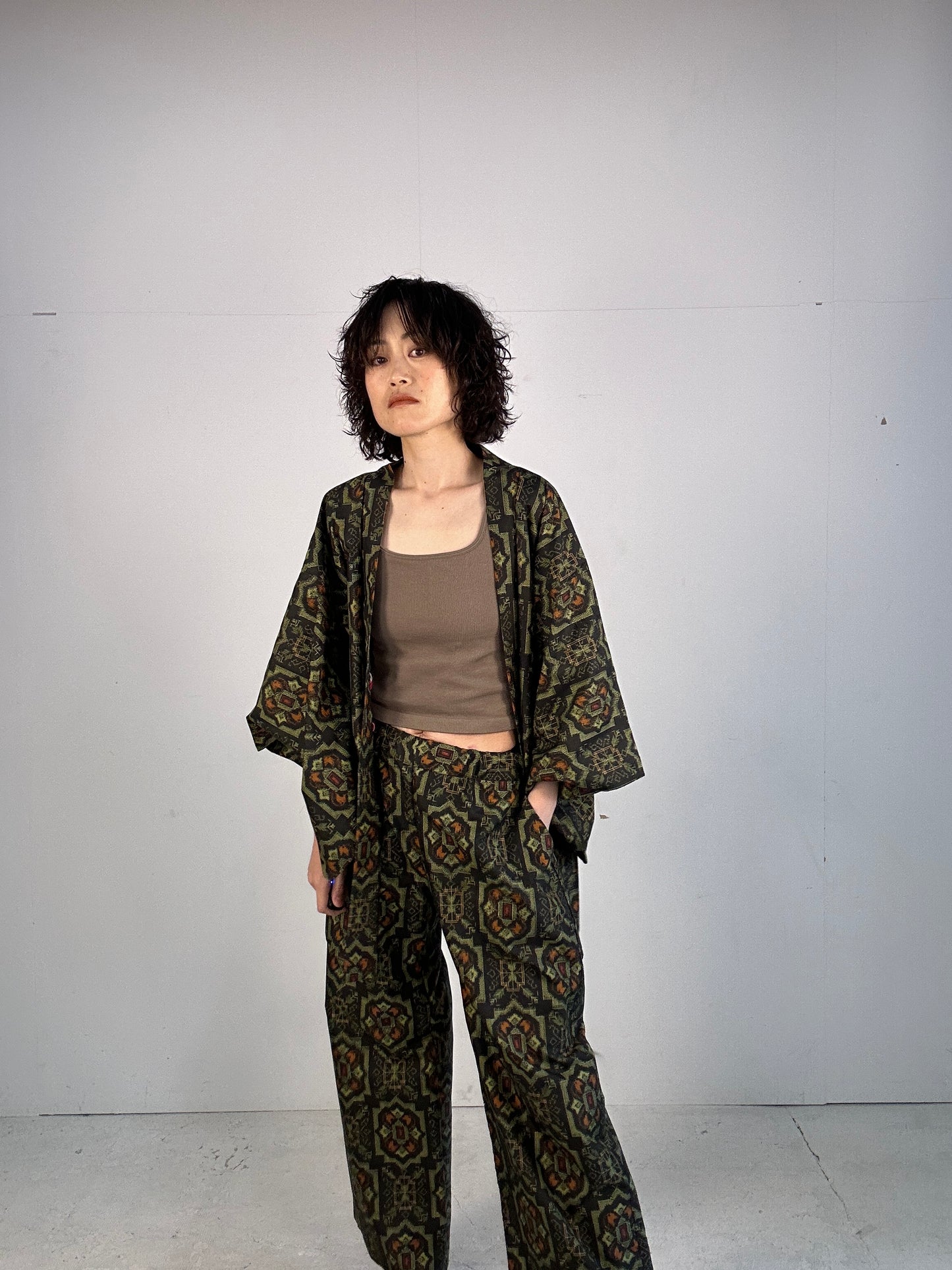 01 Tsumugi HAORI and KIMONO elastic waist pants upcycled from Japanese kimono(Unisex)