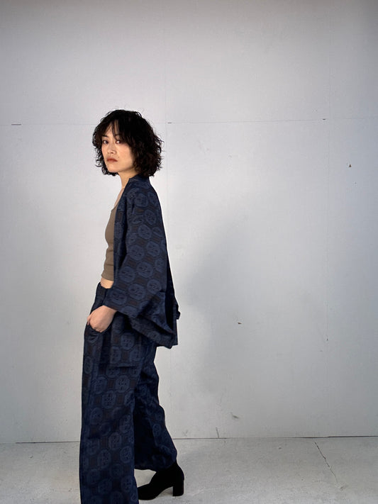 05 Tsumugi HAORI  and KIMONO elastic waist pants upcycled from Japanese kimono(Unisex)