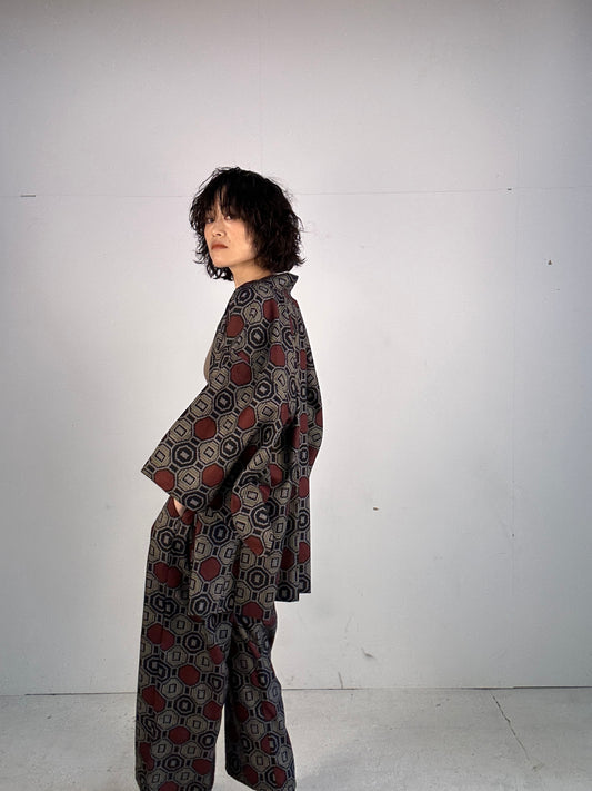 02 Tsumugi HAORI  and KIMONO elastic waist pants upcycled from Japanese kimono(Unisex)
