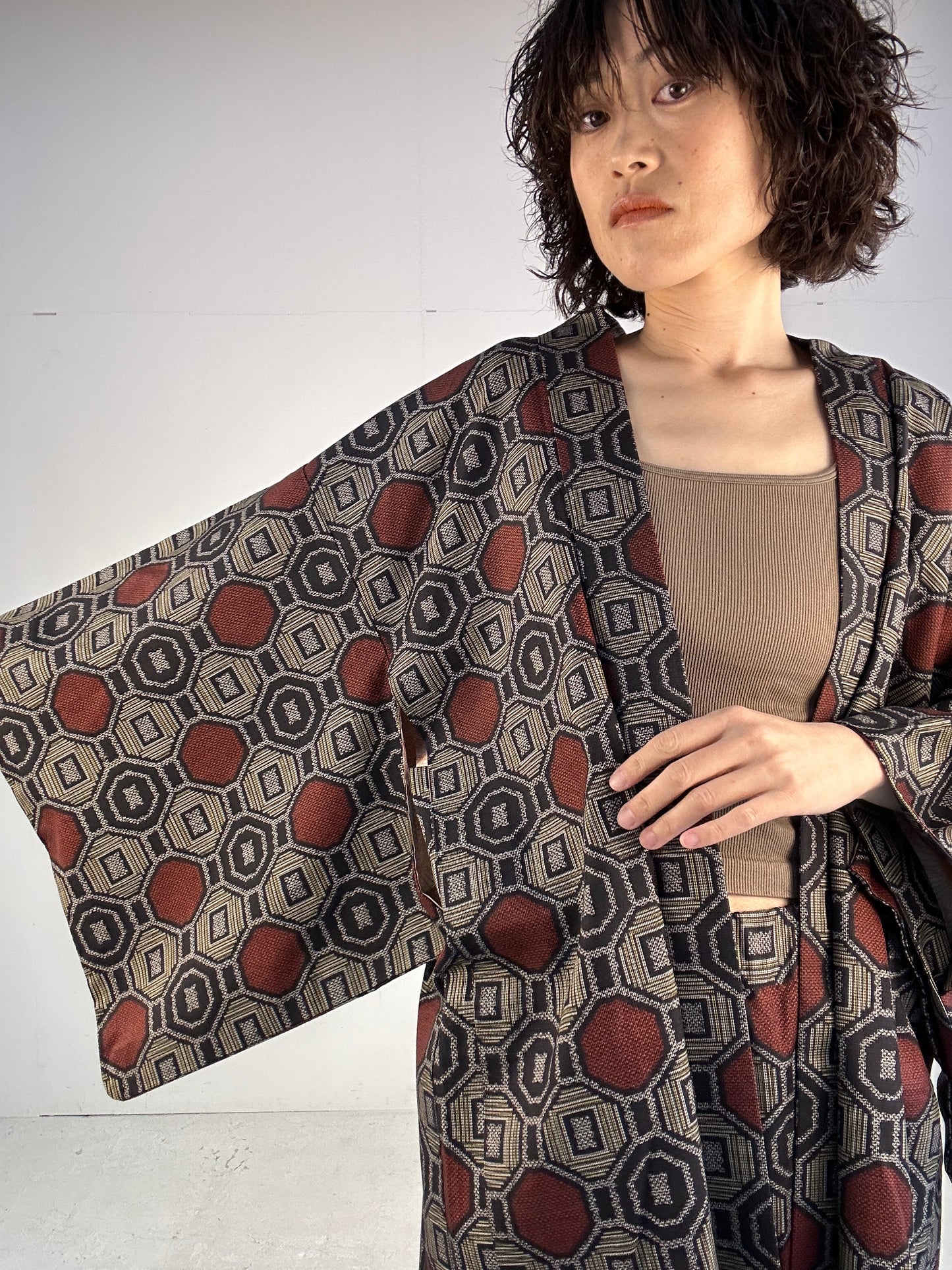 02 Tsumugi HAORI  and KIMONO elastic waist pants upcycled from Japanese kimono(Unisex)