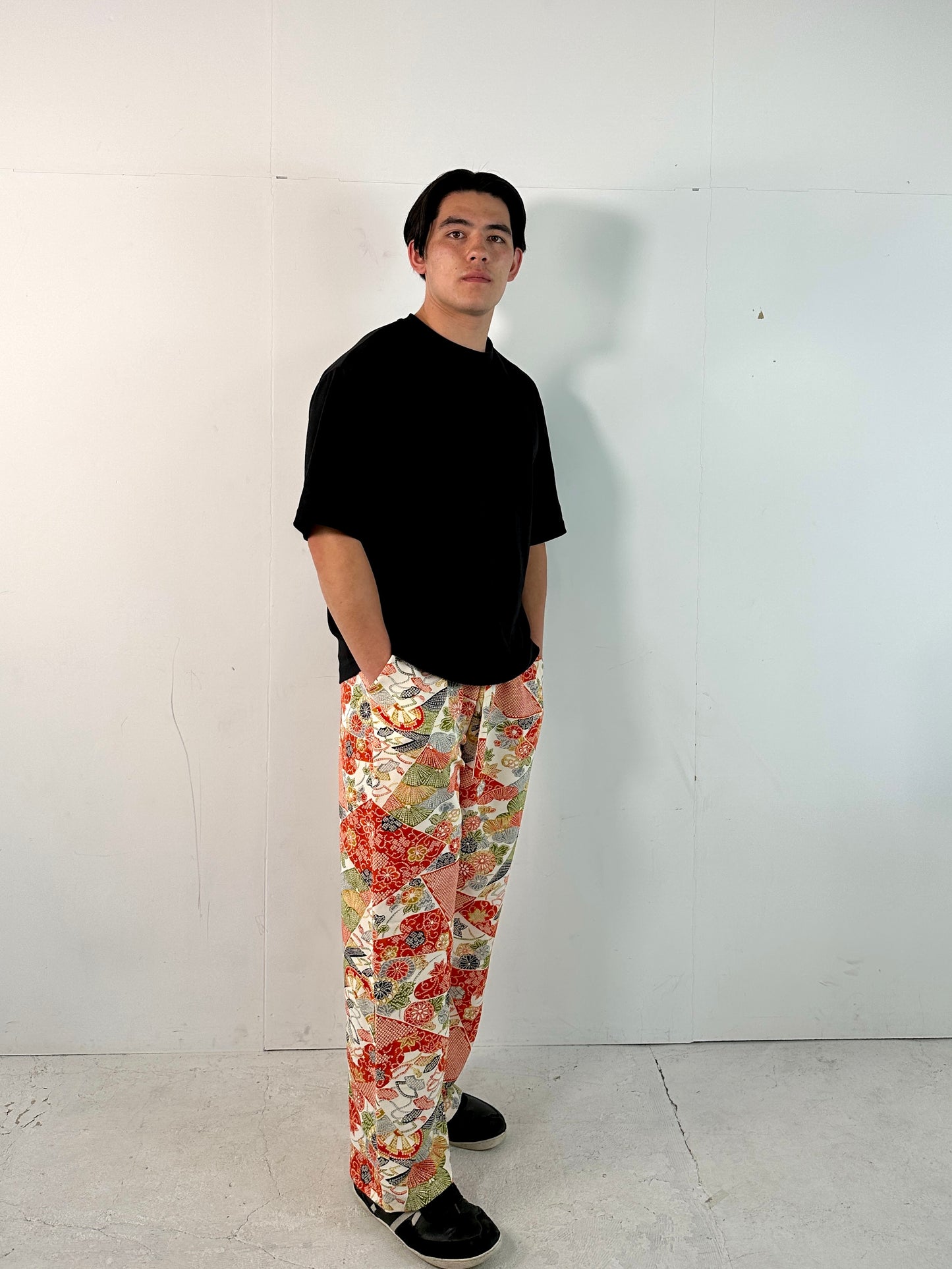 002_KIMONO UNISEX elastic waist pants upcycled from Japanese kimono