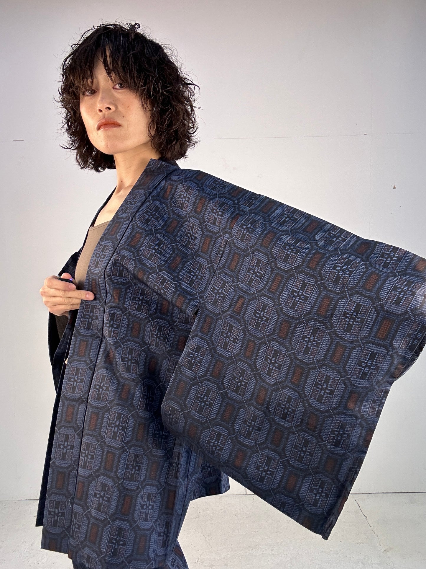 05 Tsumugi HAORI  and KIMONO elastic waist pants upcycled from Japanese kimono(Unisex)