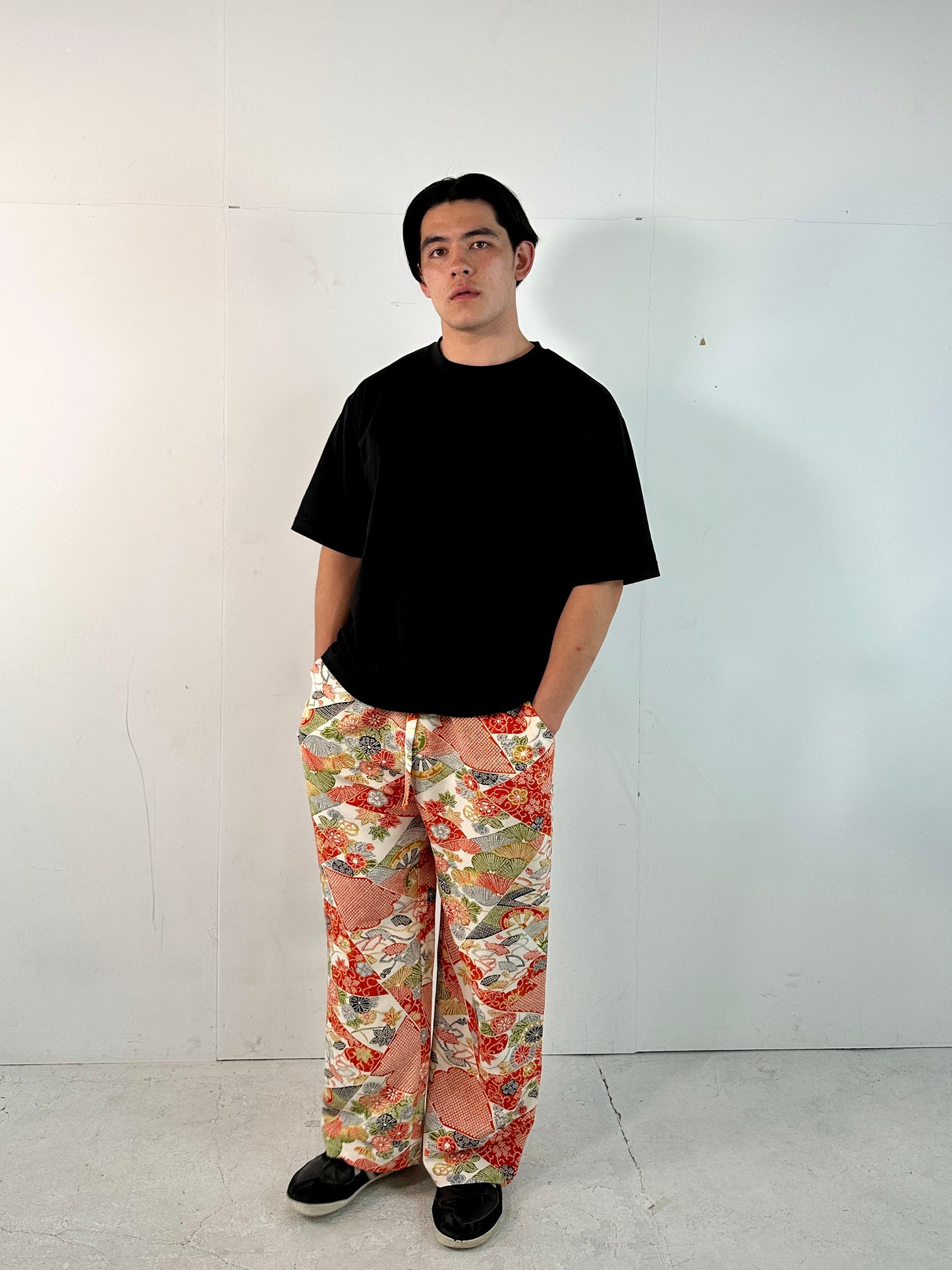 002_KIMONO UNISEX elastic waist pants upcycled from Japanese kimono