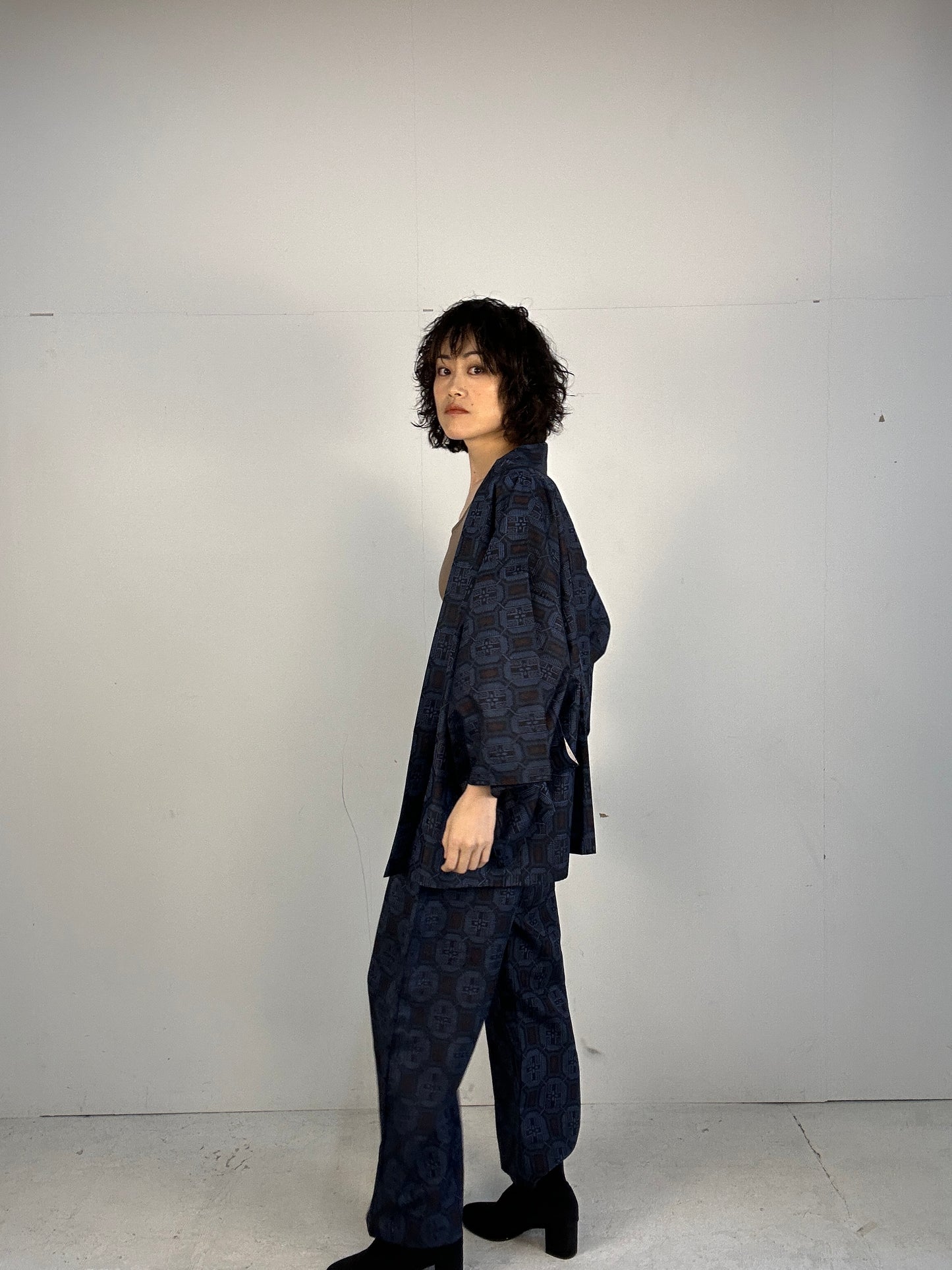 05 Tsumugi HAORI  and KIMONO elastic waist pants upcycled from Japanese kimono(Unisex)