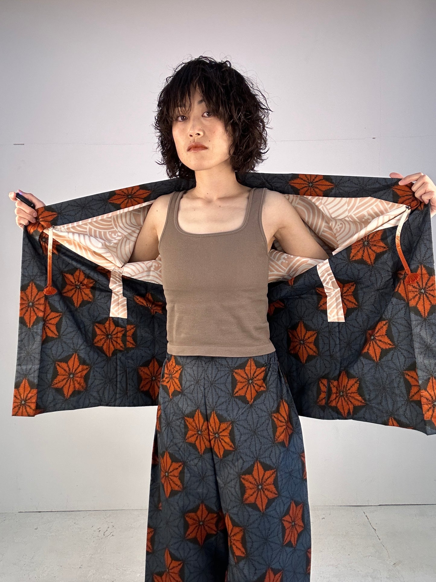 A_ Tsumugi HAORI  and KIMONO elastic waist pants upcycled from Japanese kimono(Dressy and wide)